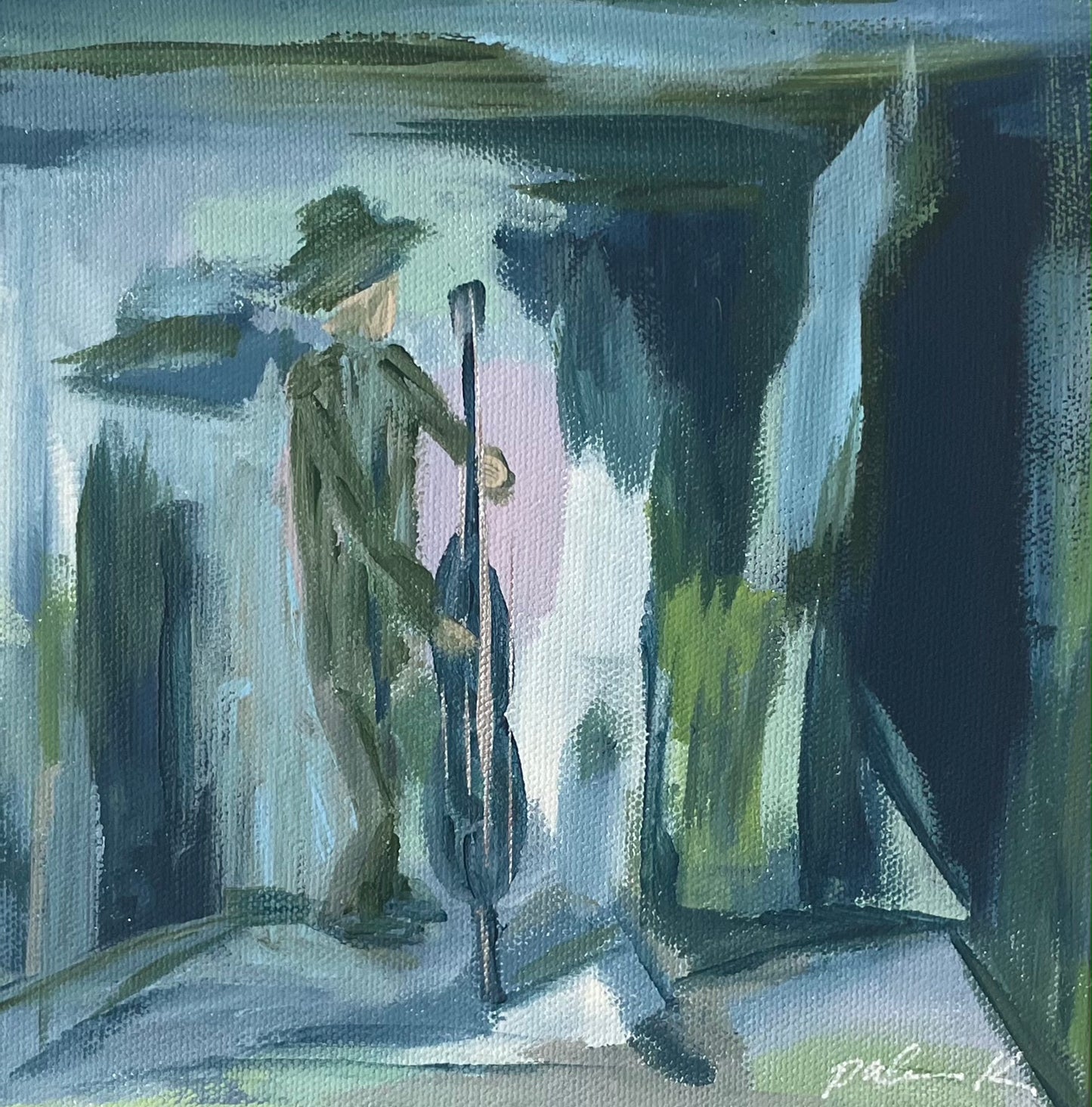 8 x 8 Fine Art Print of the painting "Soul Man" An abstract impressionistic painting of a standing Double Bass Player. Each print signed and titled on back. Each print arrived in thick clear cellophane sleeve and flat shipped.