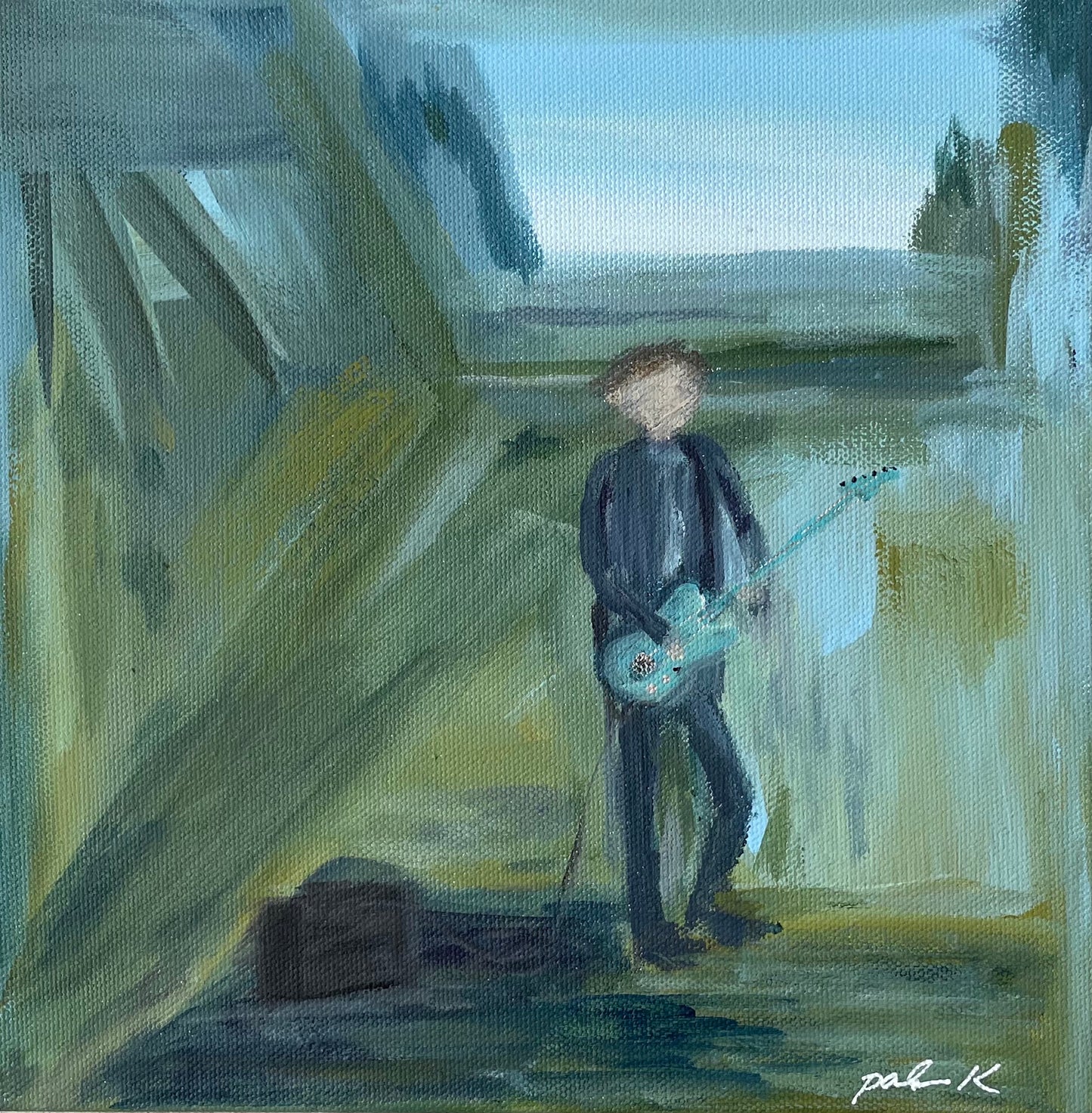 8 x 8 Fine Art Print of the painting "Suit and Tie" An abstract impressionistic painting of a single Guitar Player standing and playing next to his amp. Each print signed and titled on back. Each print arrived in thick clear cellophane sleeve and flat shipped.