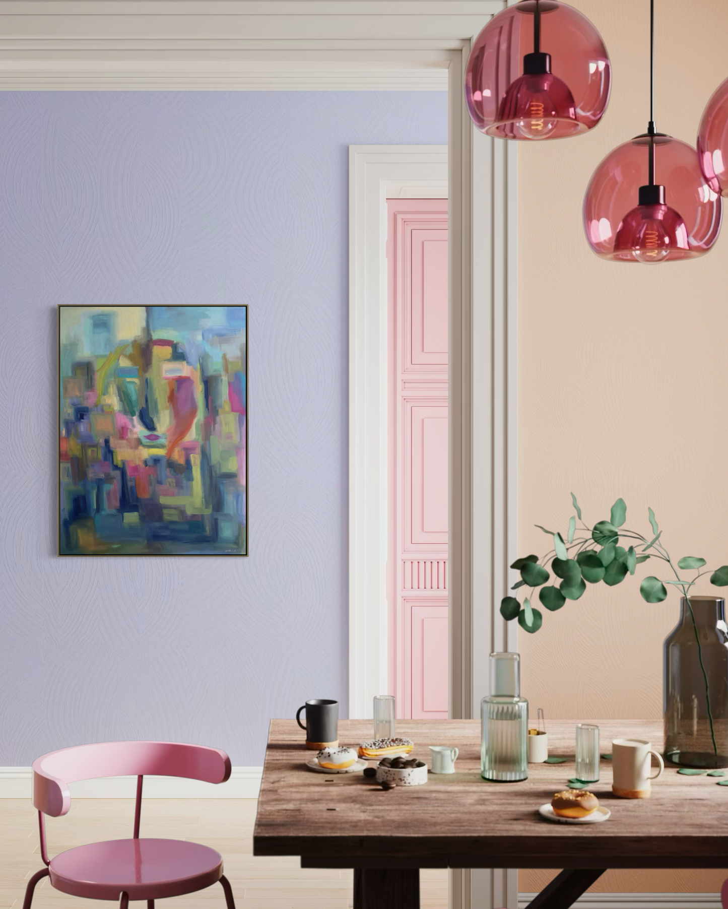 Summer’s Kiss is an original 40 x 40 contemporary landscape painting that brings warmth, color, and atmosphere to sophisticated interiors. Shown here in a thoughtfully designed living space, this original fine art painting creates a striking foal point while complementing modern, transitional, and luxury home decor. Inspired by the sensory richness of summer and viewed through a reflective pane of glass, Summer’s Kiss invites moments of nostalgia, connection, and a quiet reflection.