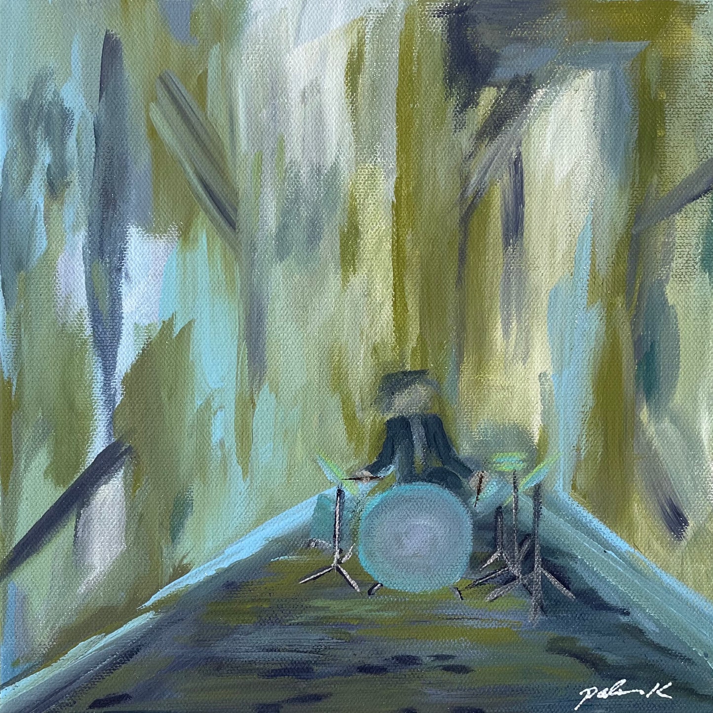 8 x 8 Fine Art Print of the painting "Time Out" An abstract impressionistic painting of a drummer sitting at his kit. Each print signed and titled on back. Each print arrived in thick clear cellophane sleeve and flat shipped.