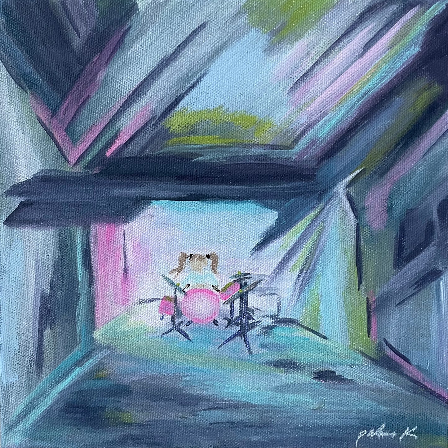 8 x 8 Fine Art Print of the painting "Pigtails and Kneesocks", an abstract impressionistic painting of a girl drummer. Each print signed and titled on back. Each print arrived in thick clear cellophane sleeve and flat shipped.