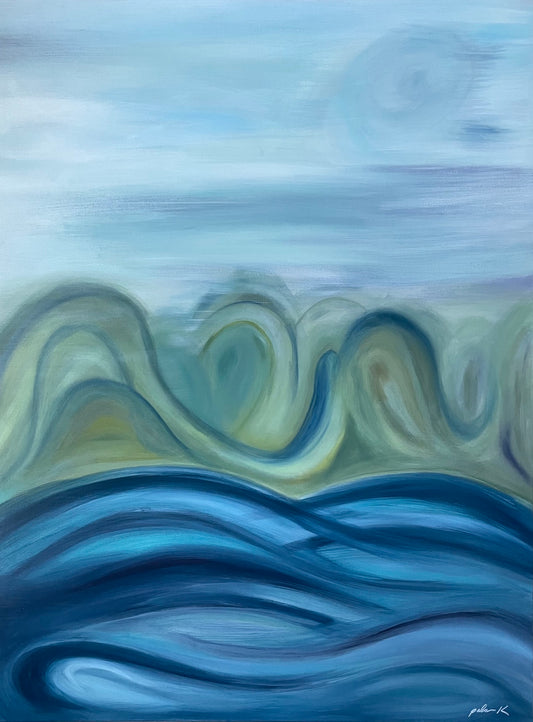 A blue water and green mountain abstract painting by Karen Palmer  36 x 48 acrylic on gallery wrapped canvas  Unframed with D rings and wire on back ready to hang.