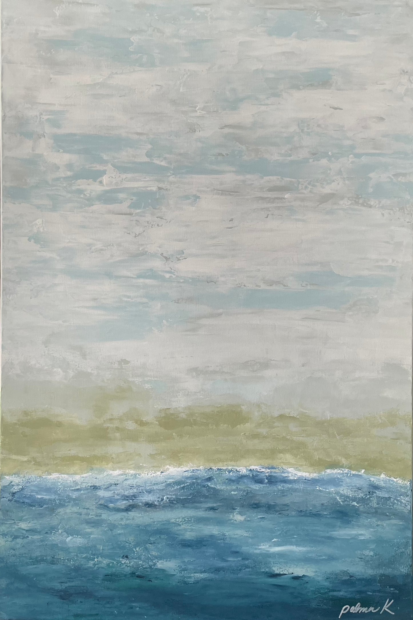 Original fine art abstract oceanscape in blues and greens featuring a cloudy sky by Karen Palmer 24 x 36 acrylic on 1.5" deep high quality gallery wrapped canvas. Comes unframed with D rings and wire on back, ready to hang.