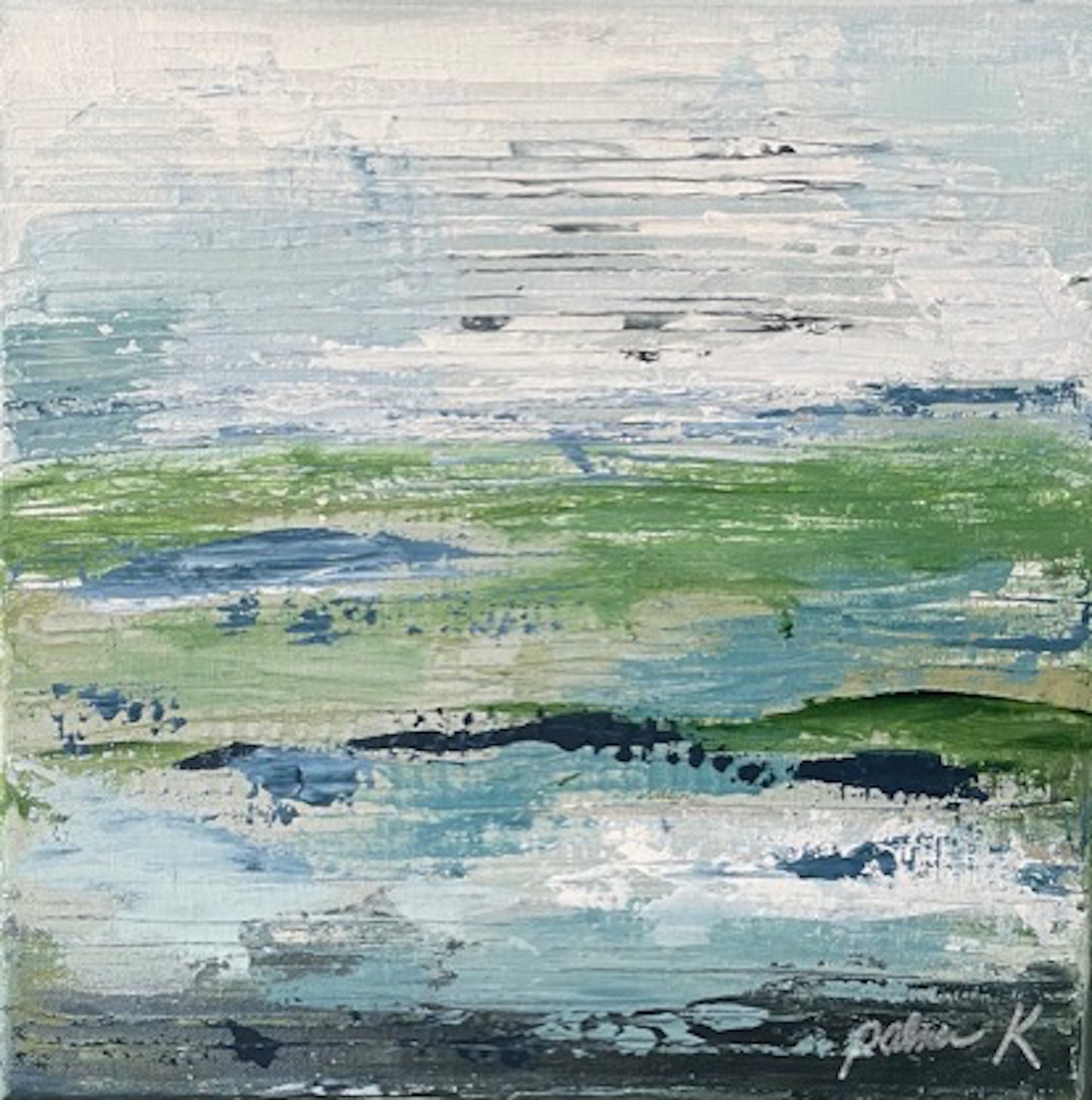 Original abstract landscape by Karen Palmer 12 x 12 acrylic on canvas. Framed in black float frame with D rings and wire on back, ready to hang. "By Land or Sea" © Karen Palmer.