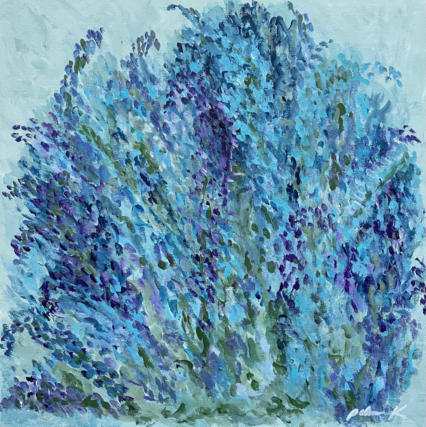Original 20 x 20 floral abstract painting by Karen Palmer Acrylic on 1.5" deep gallery wrapped canvas with protective varnish. Unframed with D-rings and wire on back, ready to hang.
