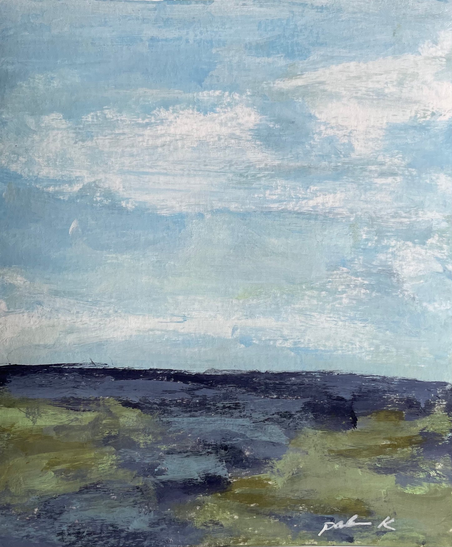 original fine art oceanscape / landscape painting by Karen Palmer. blue sky with purple and green water and marshes