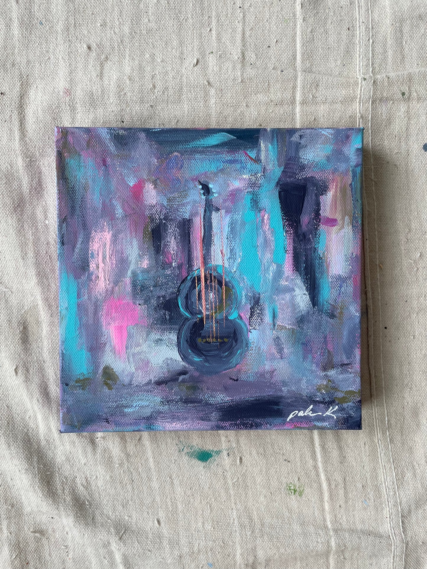 Original 8x8 acoustic guitar painting of blues, pinks, and violet tones. Music inspired emotional artwork