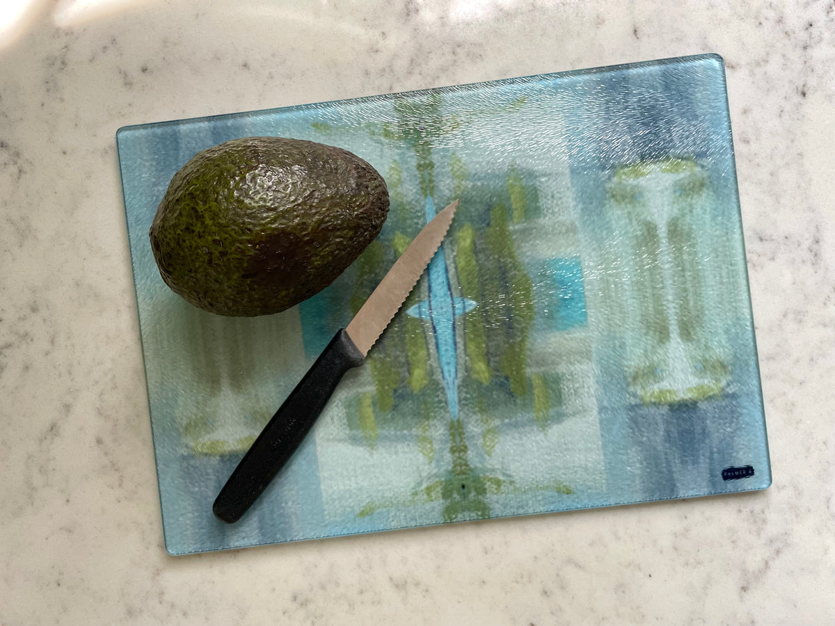 Artist designed kitchen collection featuring PALMER K Designs French linen tea towels and cutting boards