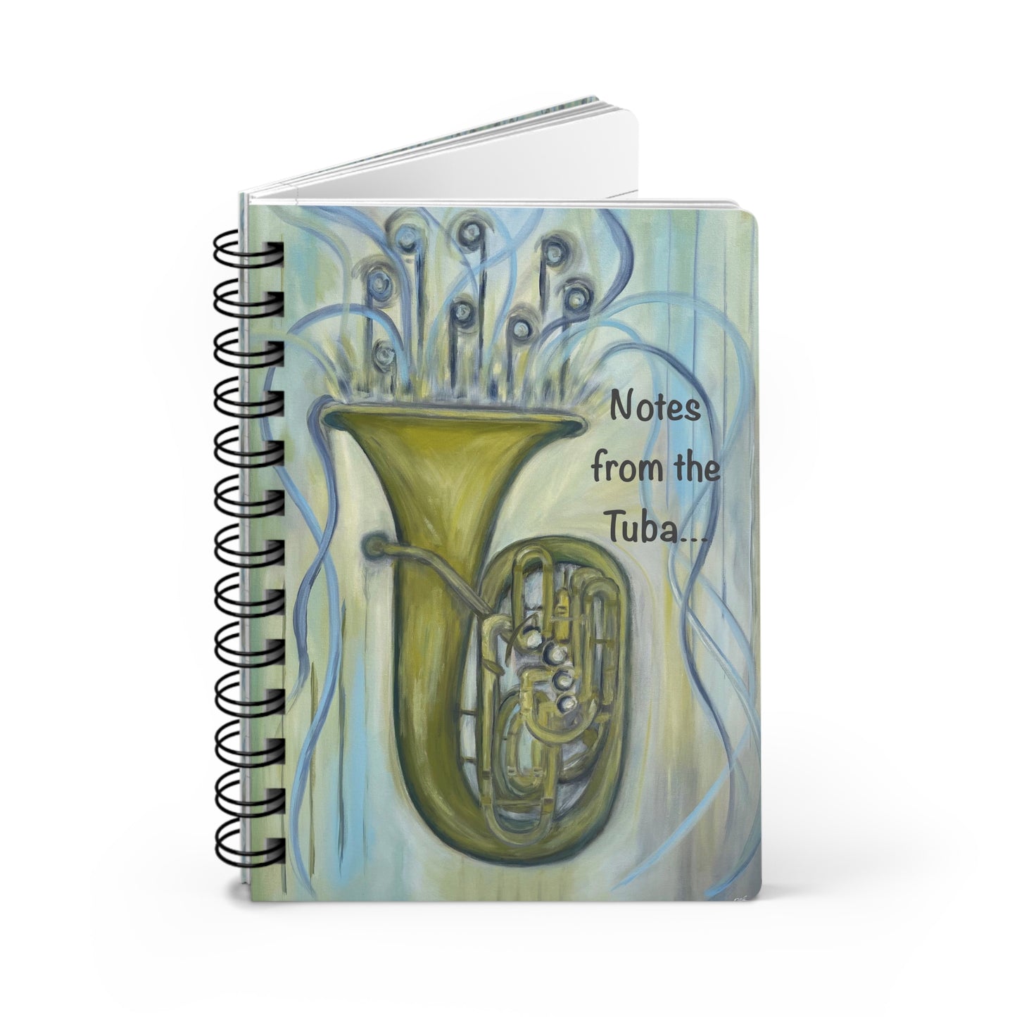 Notes from the Tuba!  Write down your dreams in style in our spiral-bound journal featuring "Tuba Tuba". Our notebooks feature a durable thick gloss laminated protective cover, with pattern repeat created from the original artwork on the inside front and back covers.  Made in the USA!  Journal comes in 5x7 size with 150 pages of lined paper with preforated eadge for easy tear removal!   .: Front, back and inside cover print .: 150 lined pages (75 sheets) .: Glossy laminated cover