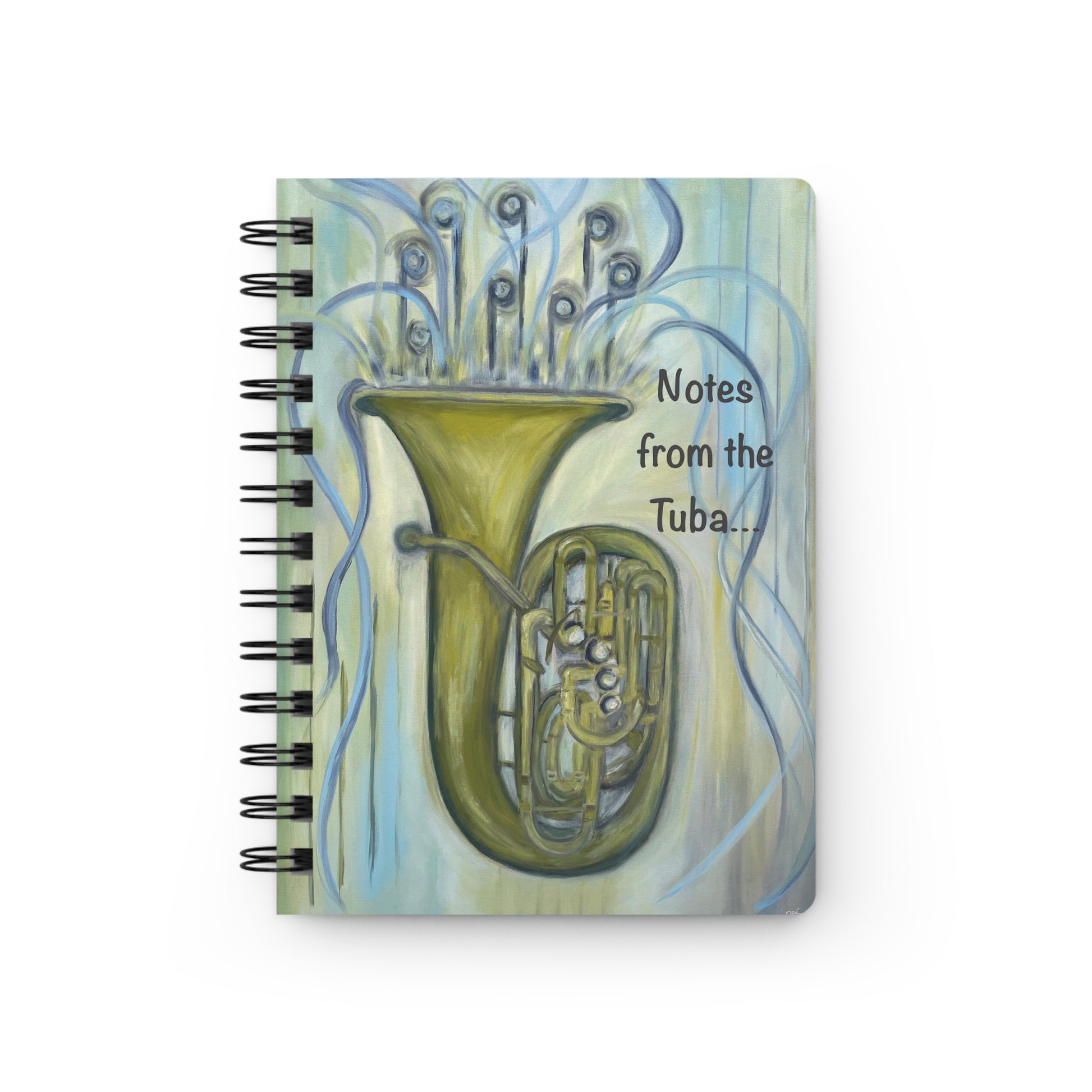 Notes from the Tuba!  Write down your dreams in style in our spiral-bound journal featuring "Tuba Tuba". Our notebooks feature a durable thick gloss laminated protective cover, with pattern repeat created from the original artwork on the inside front and back covers.  Made in the USA!  Journal comes in 5x7 size with 150 pages of lined paper with preforated eadge for easy tear removal!   .: Front, back and inside cover print .: 150 lined pages (75 sheets) .: Glossy laminated cover