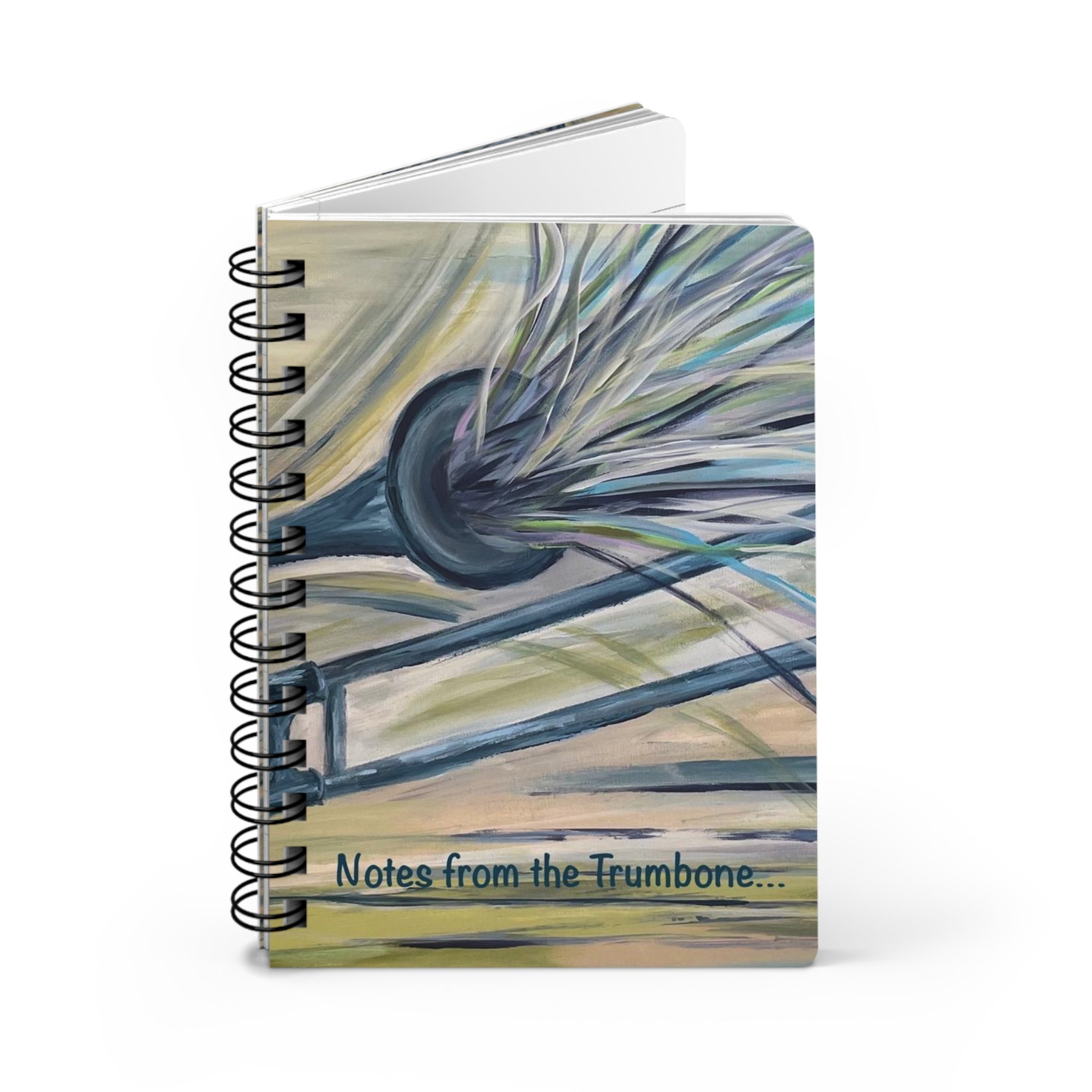 Notes from the Trumbone!  Write down your dreams in style in our spiral-bound journal featuring "Trumbone Joyeux". Our notebooks feature a durable thick gloss laminated protective cover, with pattern repeat created from the original artwork on the inside front and back covers.  Made in the USA!  Journal comes in 5x7 size with 150 pages of lined paper with preforated eadge for easy tear removal!   .: Front, back and inside cover print .: 150 lined pages (75 sheets) .: Glossy laminated cover