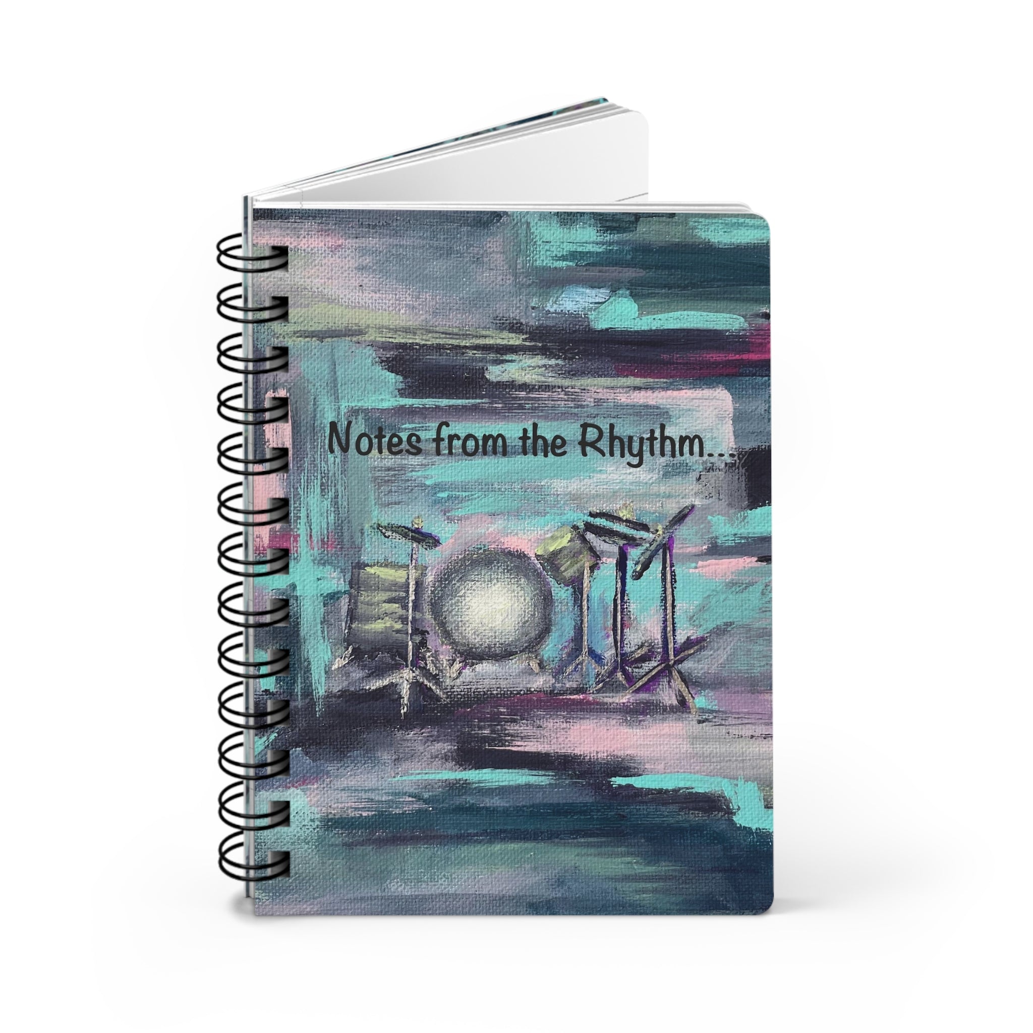 Rhythmic Notes from the Drum Kit!  Write down your dreams in style in our spiral-bound journal featuring "Searchlight". Our notebooks feature a durable thick gloss laminated protective cover, with pattern repeat created from the original artwork on the inside front and back covers.  Made in the USA!  Journal comes in 5x7 size with 150 pages of lined paper with preforated eadge for easy tear removal!   .: Front, back and inside cover print .: 150 lined pages (75 sheets) .: Glossy laminated cover