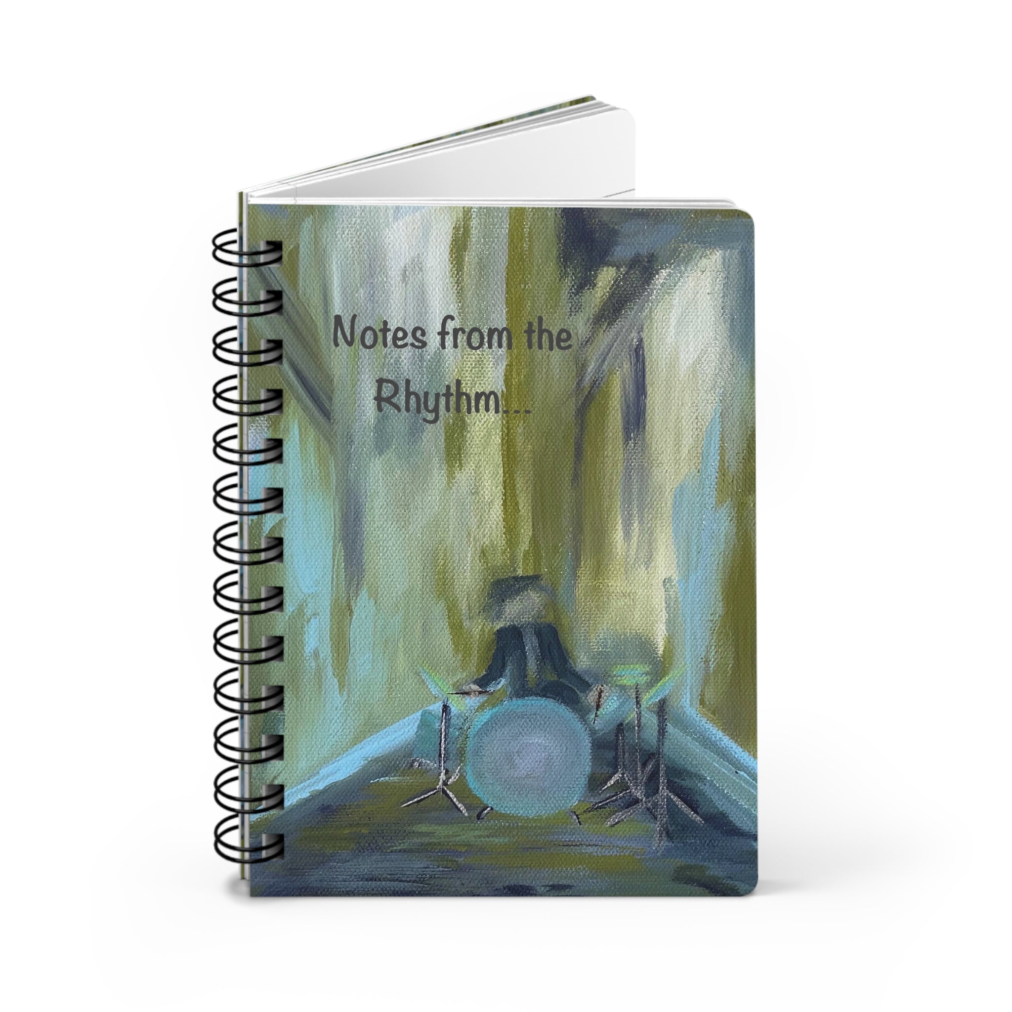 Rhythmic Notes from the Drum Kit!  Write down your dreams in style in our spiral-bound journal featuring "Time Out". Our notebooks feature a durable thick gloss laminated protective cover, with pattern repeat created from the original artwork on the inside front and back covers.  Made in the USA!  Journal comes in 5x7 size with 150 pages of lined paper with preforated eadge for easy tear removal!   .: Front, back and inside cover print .: 150 lined pages (75 sheets) .: Glossy laminated cover