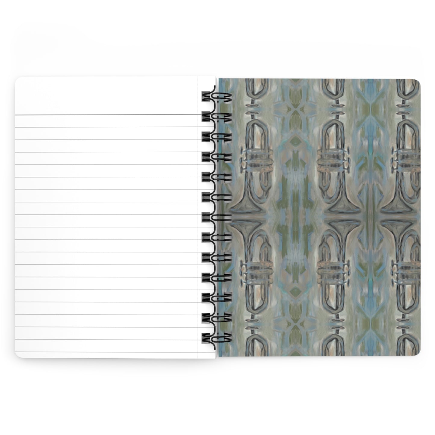 Notes from the Trumpet!  Write down your dreams in style in our spiral-bound journal featuring "Tin Roof Blues". Our notebooks feature a durable thick gloss laminated protective cover, with pattern repeat created from the original artwork on the inside front and back covers.  Made in the USA!  Journal comes in 5x7 size with 150 pages of lined paper with preforated eadge for easy tear removal!   .: Front, back and inside cover print .: 150 lined pages (75 sheets) .: Glossy laminated cover