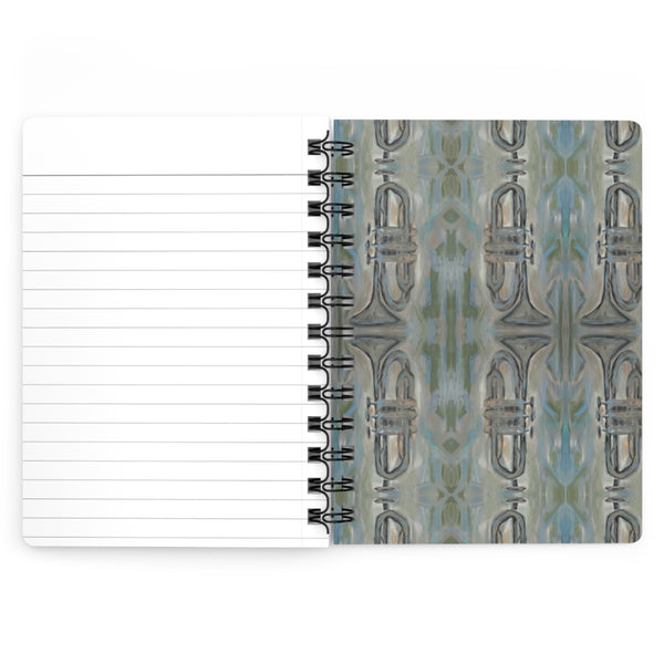Notes from the Trumpet!  Write down your dreams in style in our spiral-bound journal featuring "Tin Roof Blues". Our notebooks feature a durable thick gloss laminated protective cover, with pattern repeat created from the original artwork on the inside front and back covers.  Made in the USA!  Journal comes in 5x7 size with 150 pages of lined paper with preforated eadge for easy tear removal!   .: Front, back and inside cover print .: 150 lined pages (75 sheets) .: Glossy laminated cover