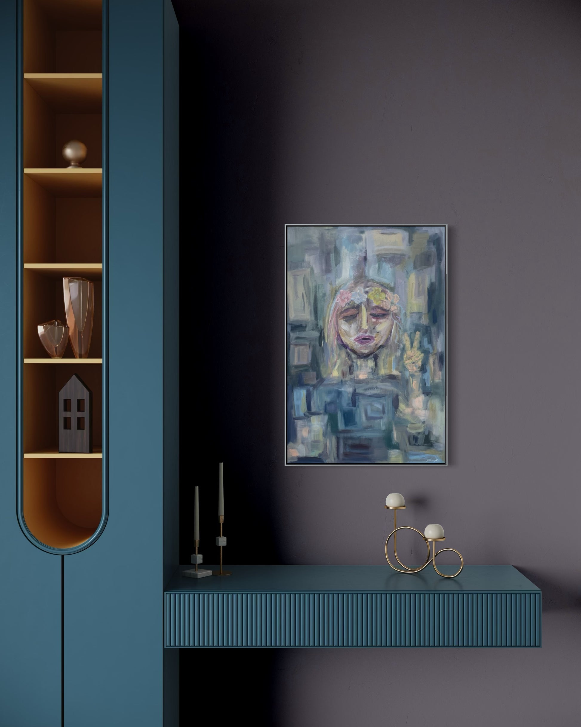 “She’s Namaste” is a serene yet quietly powerful fine art painting that captures the spirit of inner peace, gentle rebellion, and soulful presence. &nbsp;Featuring a young girl crowned with flowers and holding her hands in a peaceful gesture, this artwork blends softness with strength - an invitiation to slow down, breathe deeply, and reconnect with what truly matters.

The floral crown symbolizes growth, feminity, and the natural cycles of life, while the calm expression and symbolic hand gesture evoke min