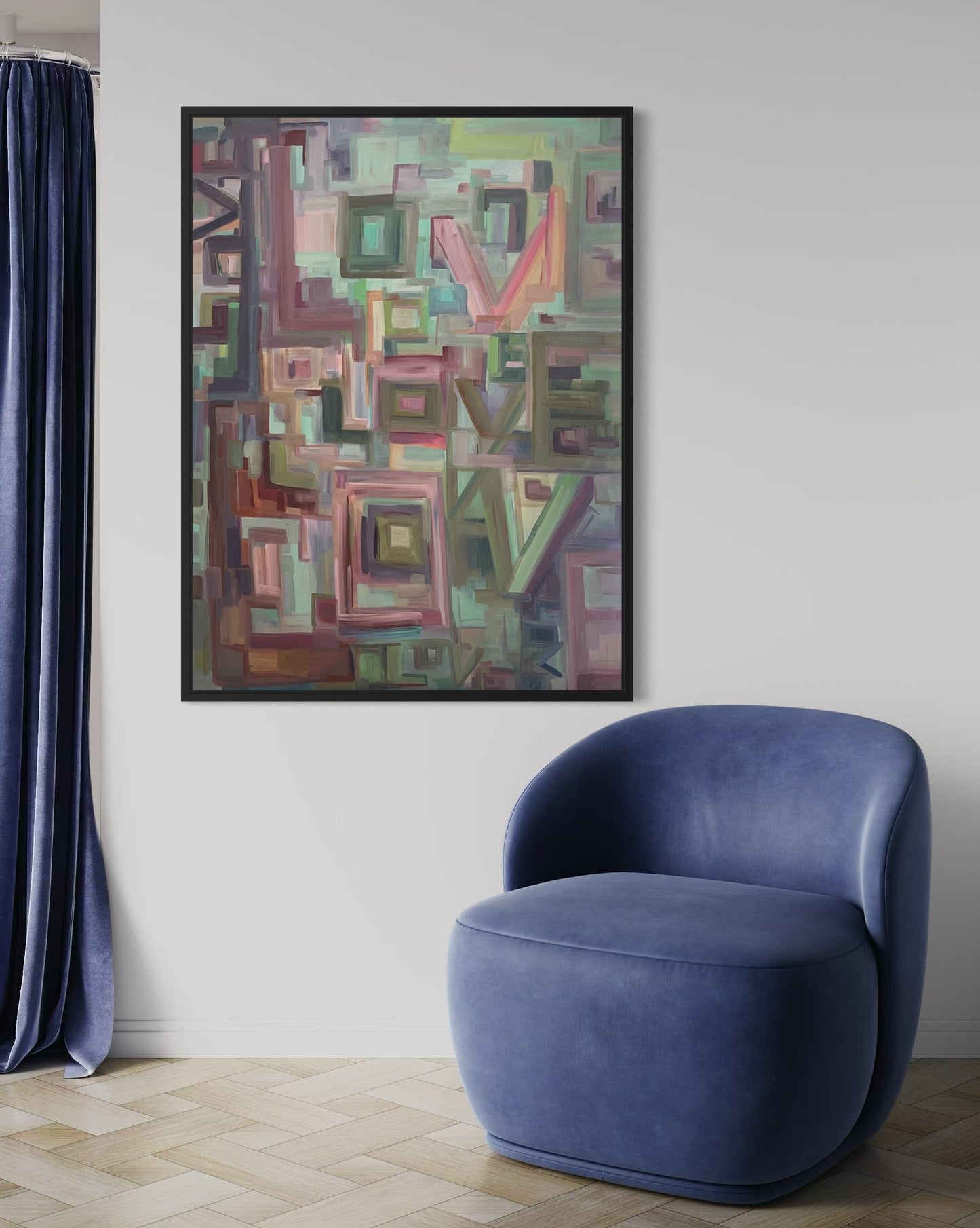 Inspired by Taylor Swift's song "Opalite", this original 48x36 acrylic painting captures the rhythm and radiance of love through layered color, texture, and lyrical repetition. The word LOVE dances across the canvas like a visual melody - a timeless reminder that harmony lives in the spaces between.

Painted on gallery-wrapped canvas, this statement piece brings modern warmth and emotional depth to any curated interior.Perfect for collectors and design-forward spaces seeking art with meaning an