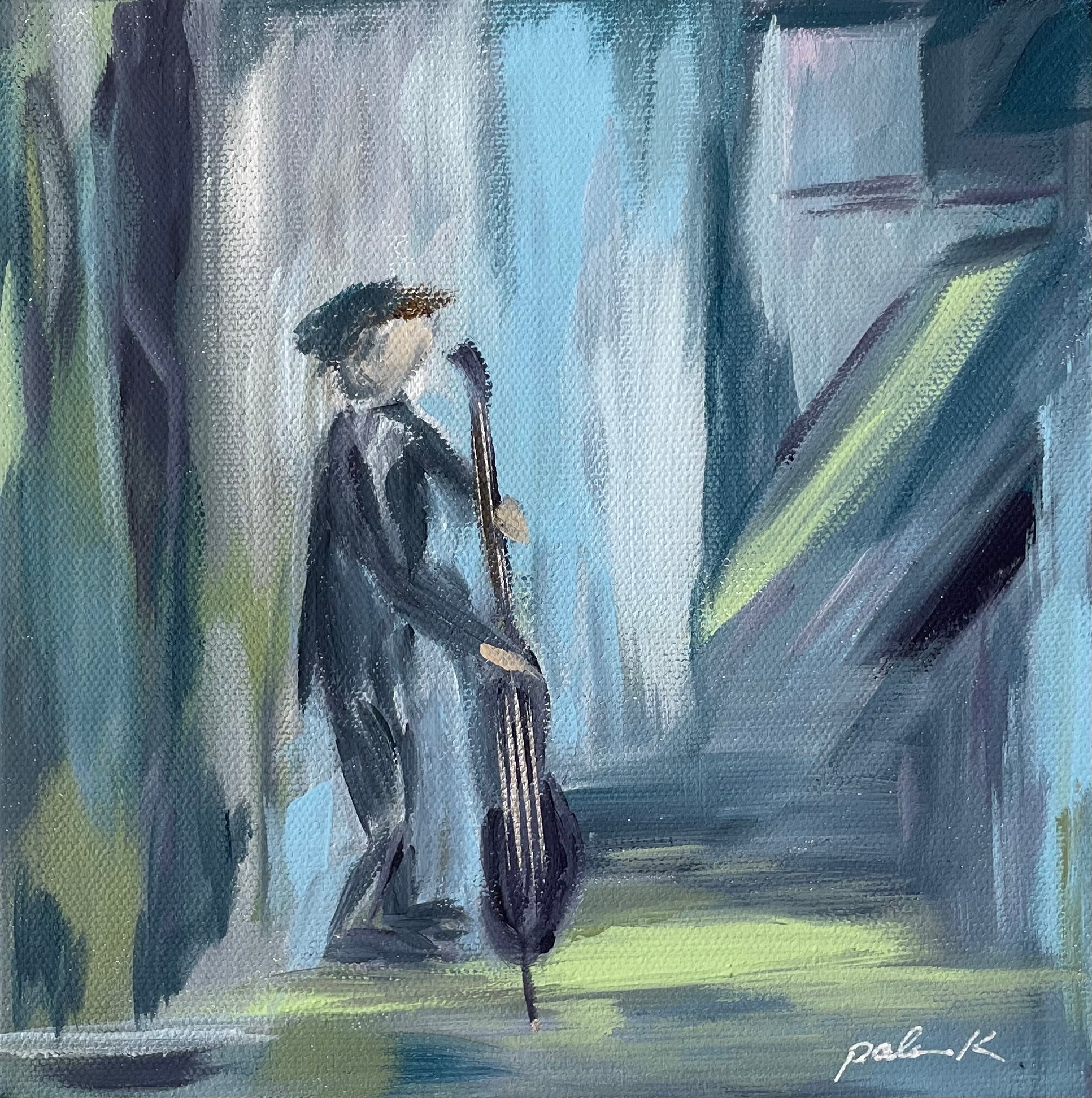 Original abstract impressionist painting by Karen Palmer of a double bass player perf or,in jazz music, featuring expressive blue, charcoal, and green brushstrokes.  Available for purchase at PALMER K Designs.