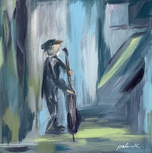 Original abstract impressionist painting by Karen Palmer of a double bass player perf or,in jazz music, featuring expressive blue, charcoal, and green brushstrokes.  Available for purchase at PALMER K Designs.