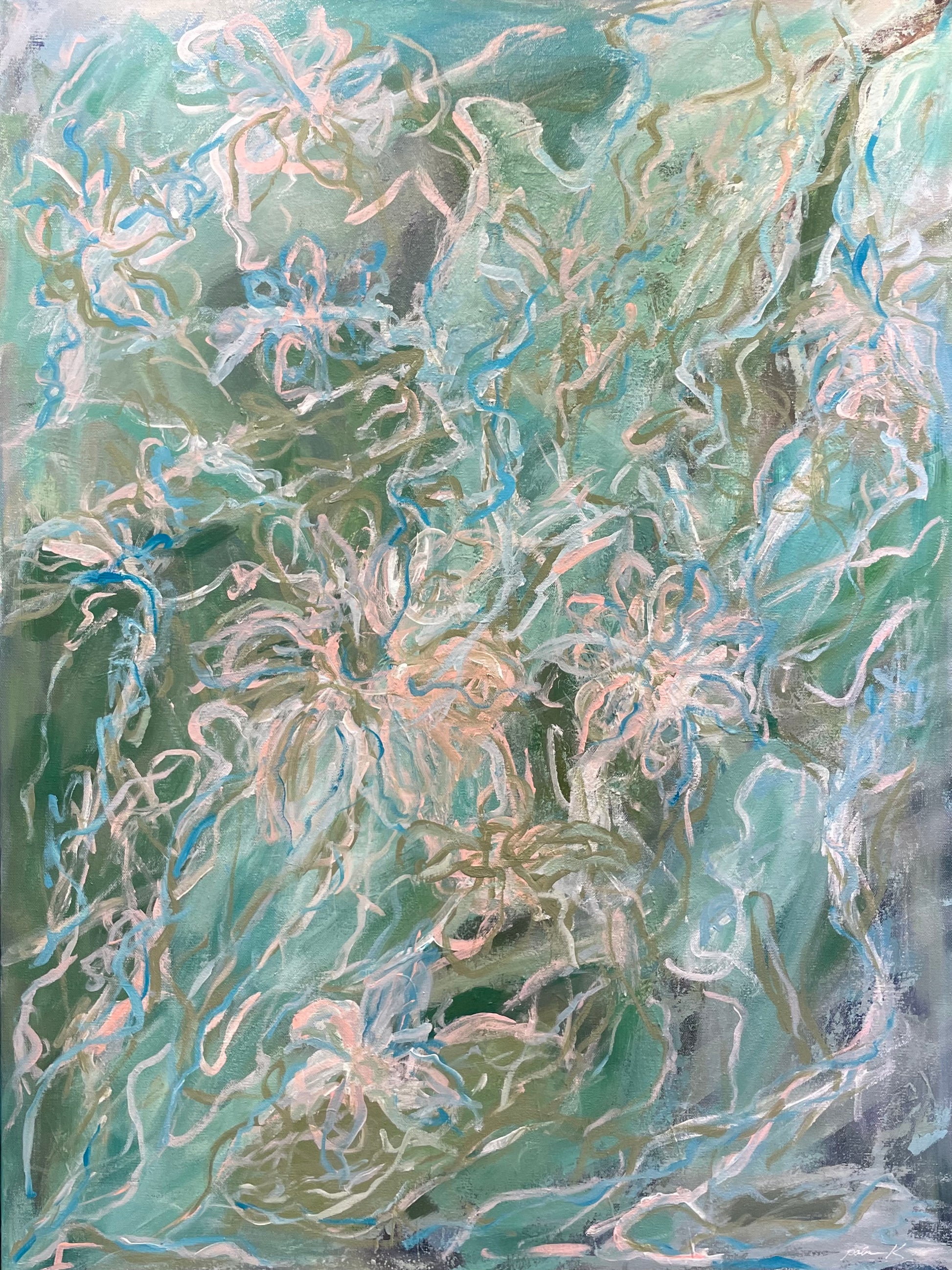 ”Cascade” invites you into a moment suspended between motion and stillness - a whispered song of water weaving through nature’s tapestry. &nbsp;This abstract impressionistic work evokes the gentle rush of water as it flowers and folds, guided by unseen currents that bend light, and shape subtle reflections on its surface. &nbsp;The interplay of fluid brushstrokes and layered color captures the essence of water’s tender rhythm, mirroring life’s ever-shifting journey.

Bringing a soothing, organic presence to