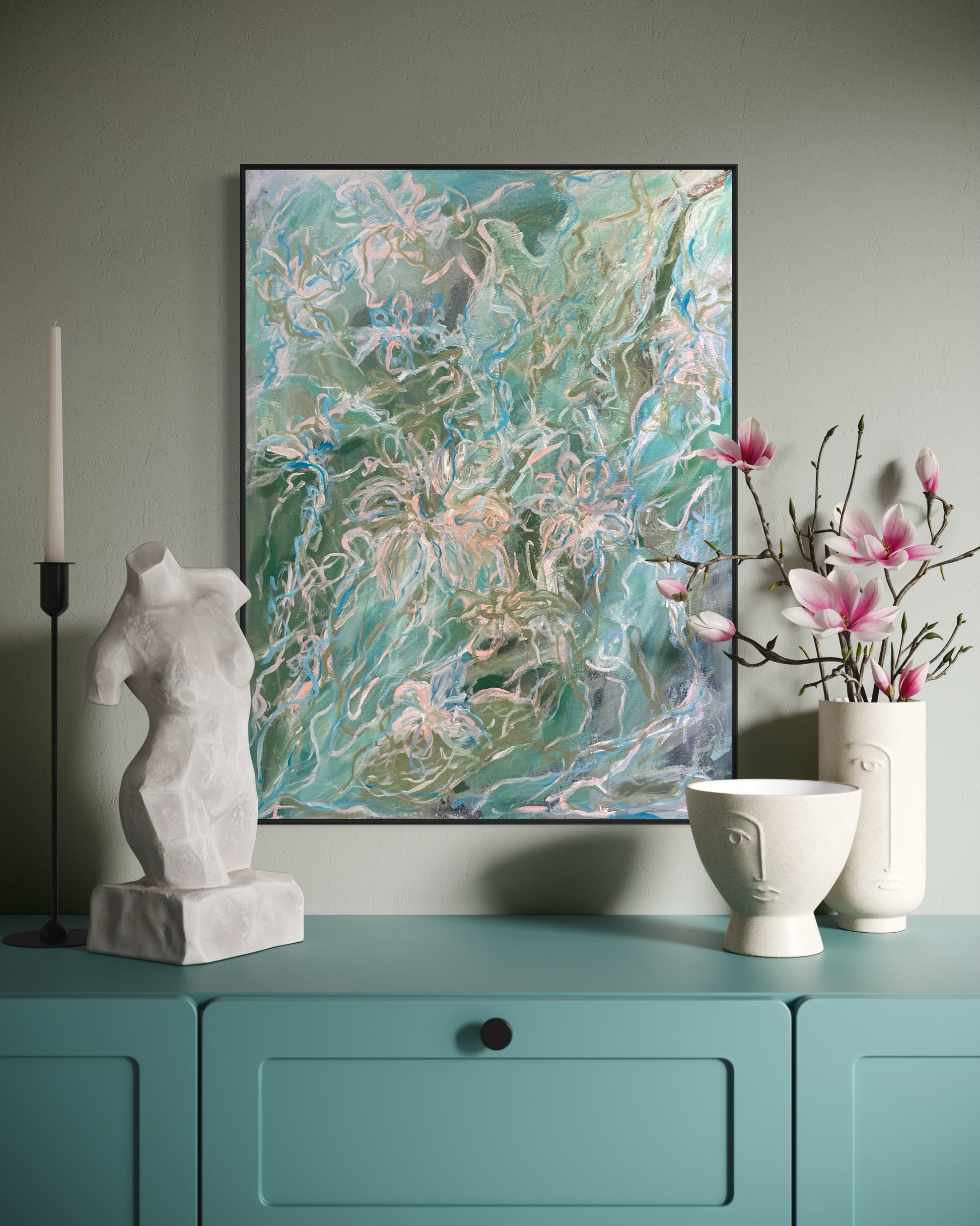 ”Cascade” invites you into a moment suspended between motion and stillness - a whispered song of water weaving through nature’s tapestry. &nbsp;This abstract impressionistic work evokes the gentle rush of water as it flowers and folds, guided by unseen currents that bend light, and shape subtle reflections on its surface. &nbsp;The interplay of fluid brushstrokes and layered color captures the essence of water’s tender rhythm, mirroring life’s ever-shifting journey.

Bringing a soothing, organic presence to