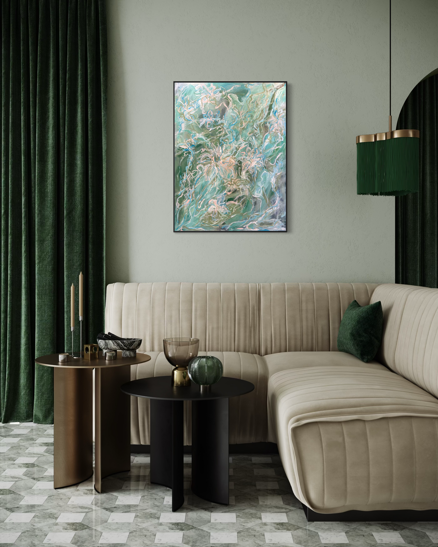 ”Cascade” invites you into a moment suspended between motion and stillness - a whispered song of water weaving through nature’s tapestry. &nbsp;This abstract impressionistic work evokes the gentle rush of water as it flowers and folds, guided by unseen currents that bend light, and shape subtle reflections on its surface. &nbsp;The interplay of fluid brushstrokes and layered color captures the essence of water’s tender rhythm, mirroring life’s ever-shifting journey.

Bringing a soothing, organic presence to