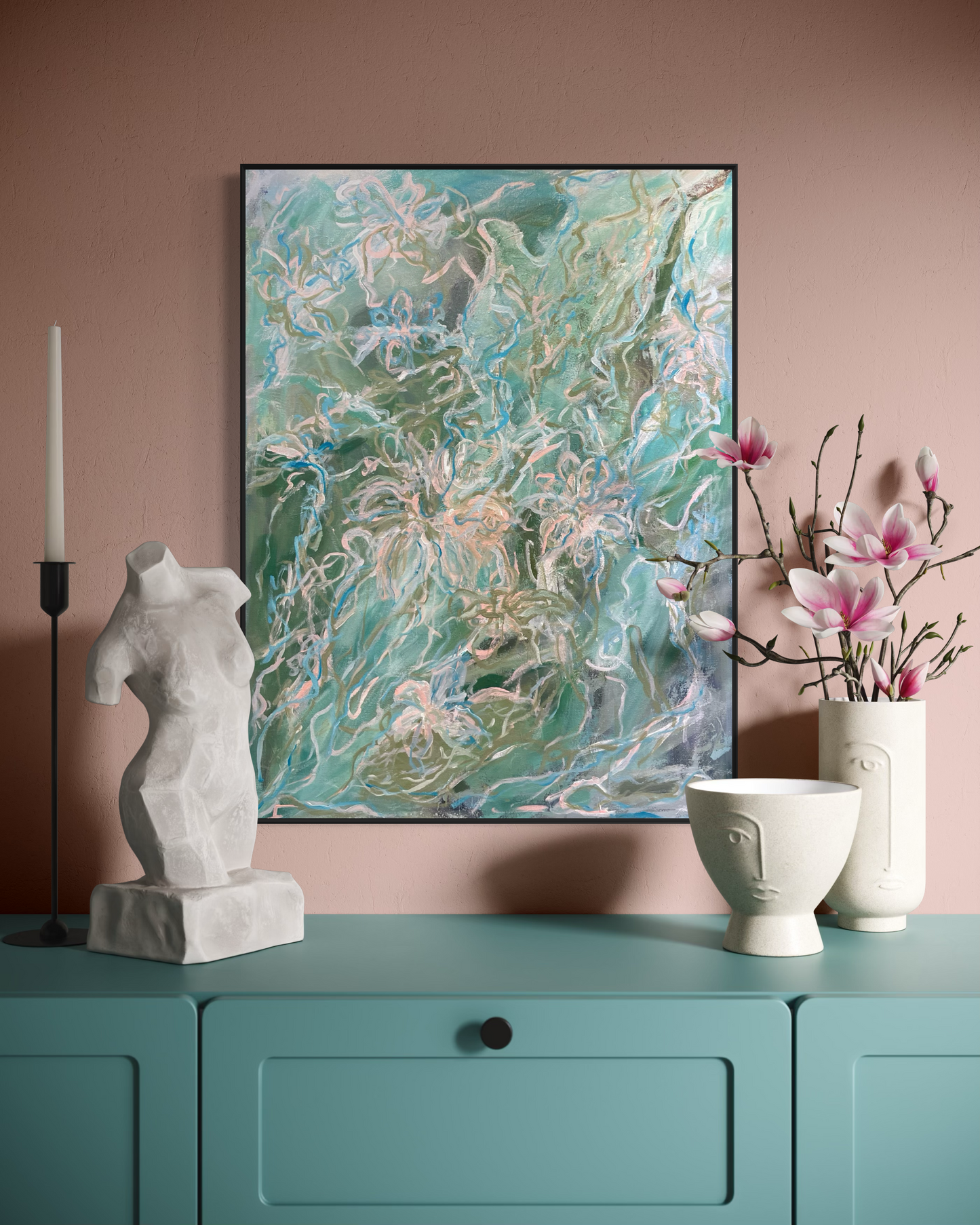 ”Cascade” invites you into a moment suspended between motion and stillness - a whispered song of water weaving through nature’s tapestry. &nbsp;This abstract impressionistic work evokes the gentle rush of water as it flowers and folds, guided by unseen currents that bend light, and shape subtle reflections on its surface. &nbsp;The interplay of fluid brushstrokes and layered color captures the essence of water’s tender rhythm, mirroring life’s ever-shifting journey.

Bringing a soothing, organic presence to