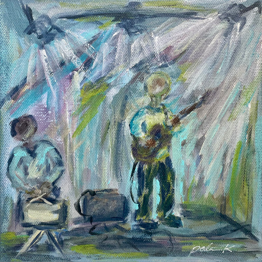 Original acrylic painting by Karen Palmer of two musicians playing together during an evening jam session on an 8x8 gallery wrapped canvas.