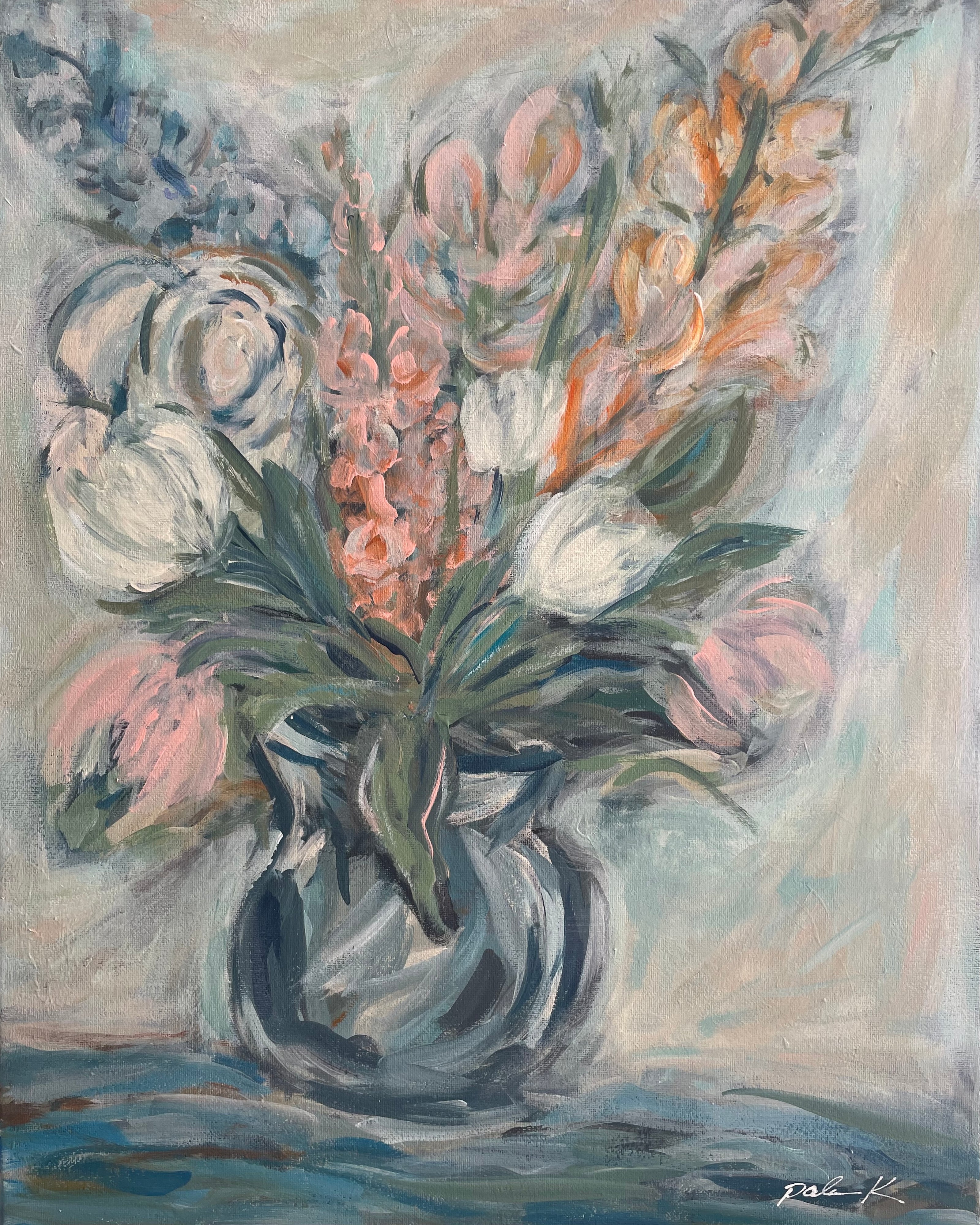 Soft corals, muted greens and blues, reflect a freshly picked bouquet of flowers from the garden. &nbsp;Gladiola's, soft peonies, coral bells, delphinium, foxglove, tulips.....each takes their owns stage in the summer sun....gathered together for this calming and colorful impressionistic ensemble in a blue glass vase. &nbsp;Framed and ready for the walls of your home.

20h x 16w x .75 acrylic on canvas

Framed dimensions 22 x 18 x 1.5 in&nbsp;black Float Frame with D rings and wire on back ready to hang.