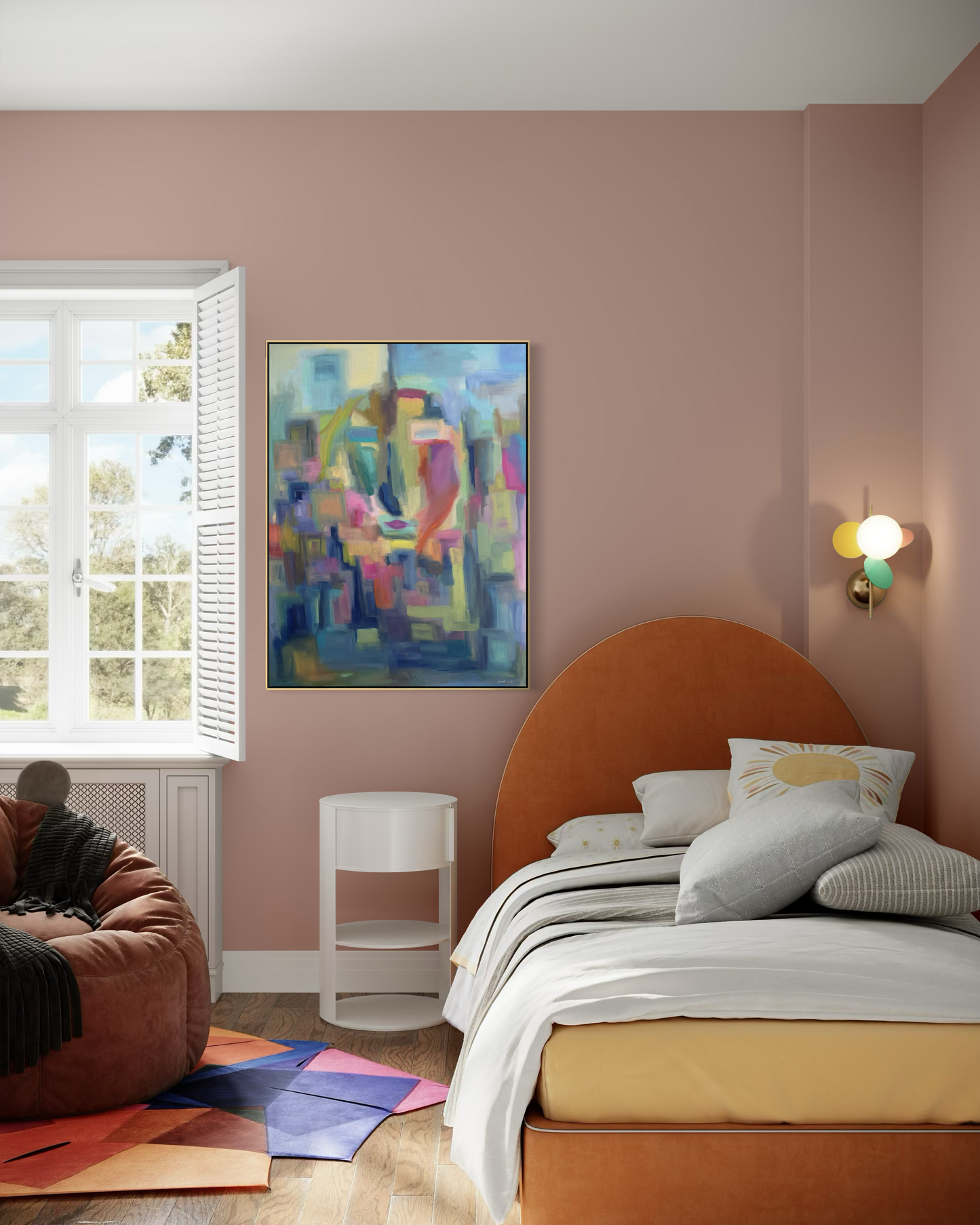 Summer’s Kiss is an original 40 x 40 contemporary landscape painting that brings warmth, color, and atmosphere to sophisticated interiors.  Shown here in a thoughtfully designed living space, this original fine art painting creates a striking foal point while complementing modern, transitional, and luxury home decor.  Inspired by the sensory richness of summer and viewed through a reflective pane of glass, Summer’s Kiss invites moments of nostalgia, connection, and a quiet reflection. 