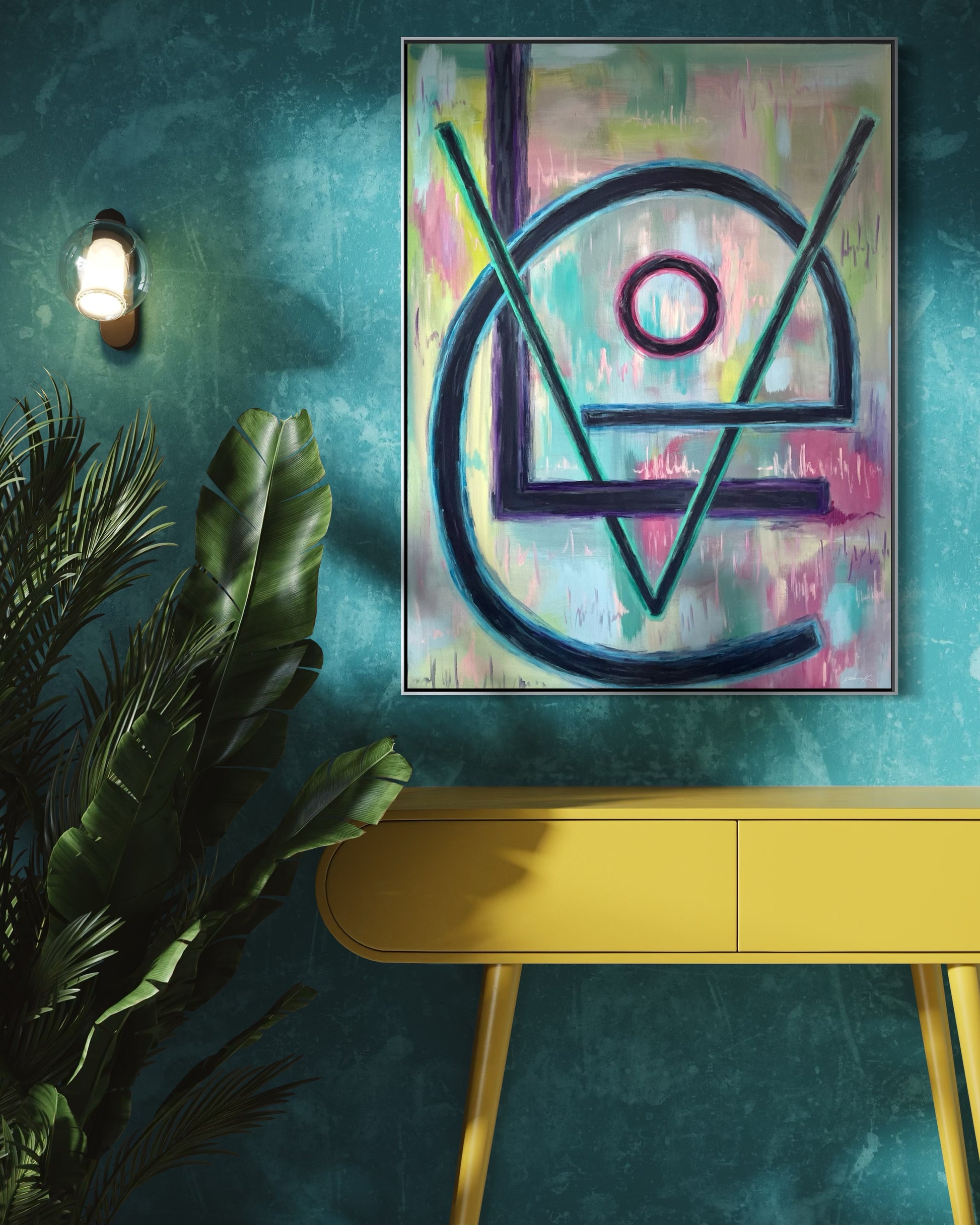 Painted on gallery-wrapped canvas, this statement piece brings modern warmth and emotional depth to any curated interior with its letters L-O-V-E intertwined. &nbsp;Perfect for collectors and design-forward spaces seeking art with meaning and presence.

"Love is a Vibe"

size: &nbsp;40h x 30w x 1.5d

unframed with D rings and wire - ready to hang.