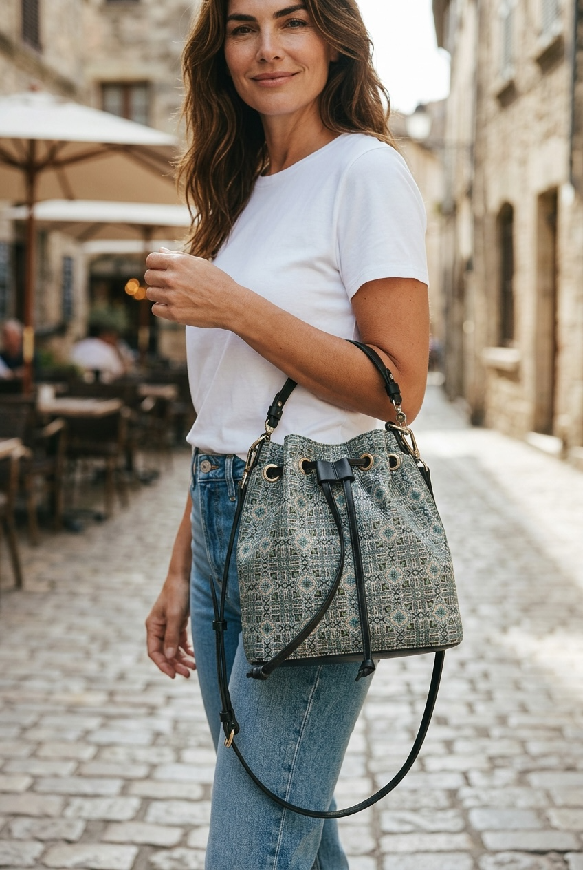 Maison Bucket Bag worn in lifestyle setting, showcasing versatile luxury bucket bag deigned for modern elegance and everyday sophistication.
