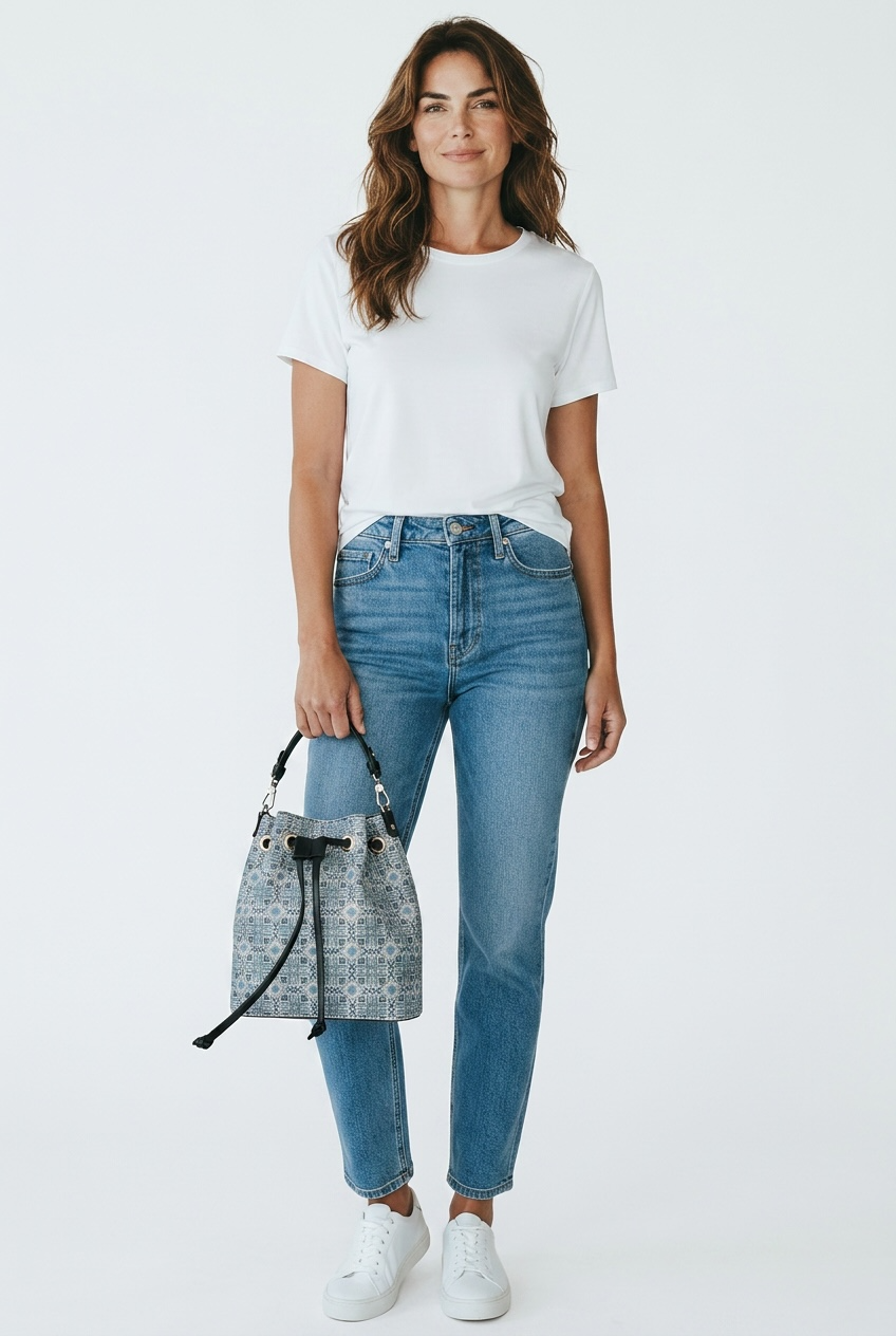 Maison Bucket Bag worn in lifestyle setting, showcasing versatile luxury bucket bag deigned for modern elegance and everyday sophistication.