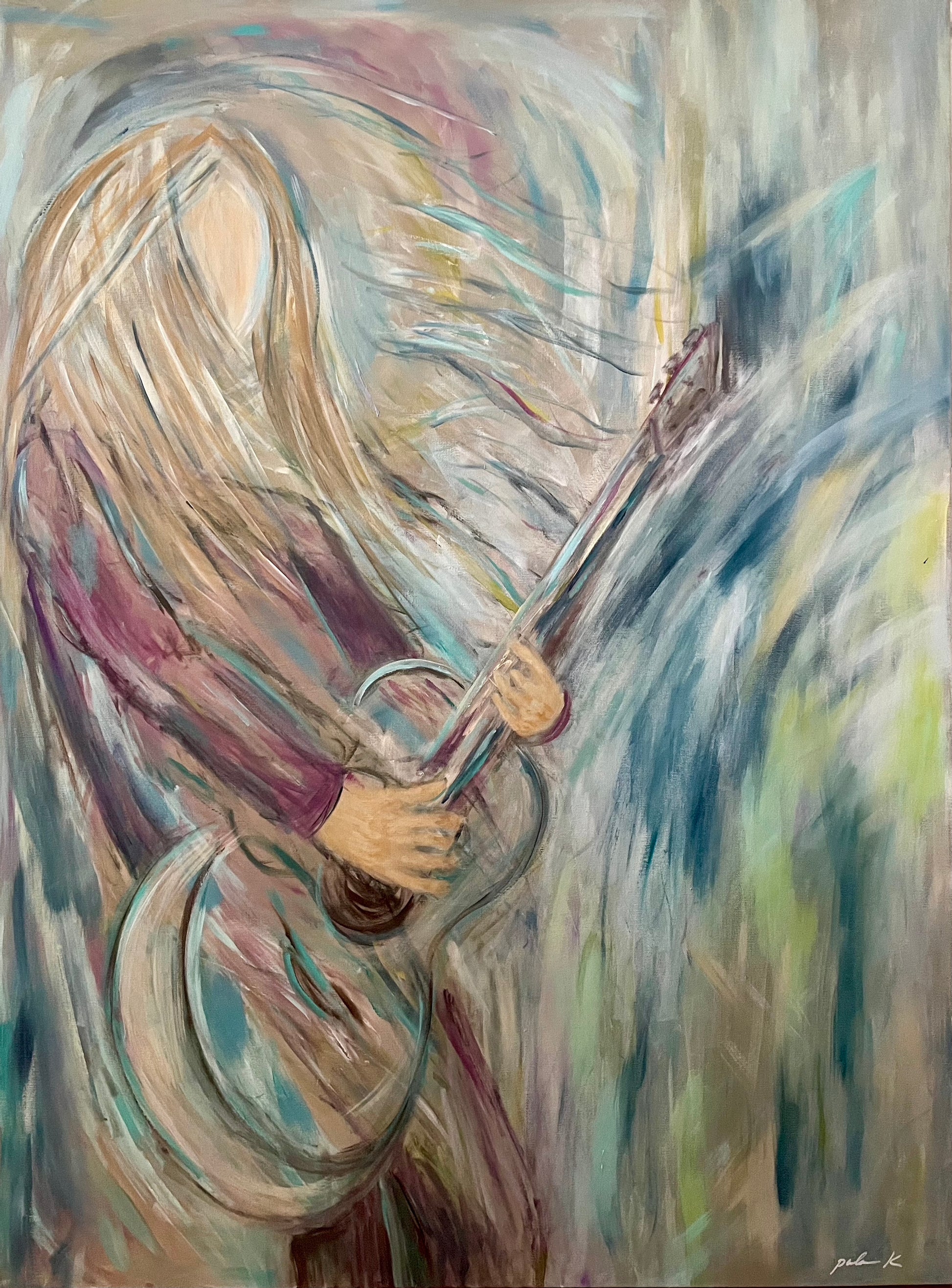 Immerse yourself in the soul of “Melting In”, an emotional original painting that captures the transcendental moment when a musician becomes one with their sound. &nbsp;This powerful expressionistic artwork celebrates the raw emotional connection between artist and instrument - that intoxicating, blissful space where the outside world fades and every breath becomes rhythm, every heartbeat a beat, every movement pure music.

Rendered in bold acrylic on gallery wrapped canvas, “Melting In” draws you deep into