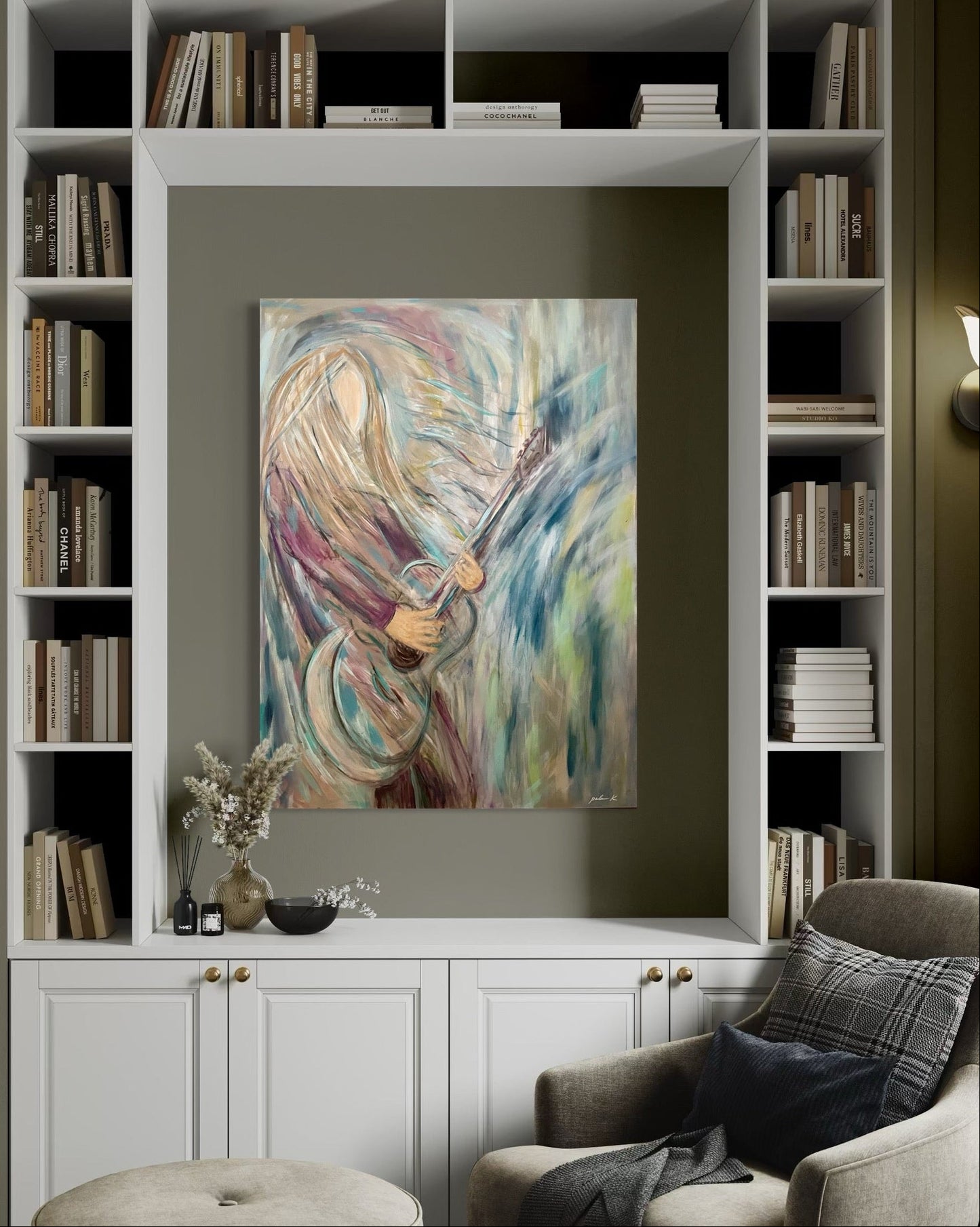 Immerse yourself in the soul of “Melting In”, an emotional original painting that captures the transcendental moment when a musician becomes one with their sound. &nbsp;This powerful expressionistic artwork celebrates the raw emotional connection between artist and instrument - that intoxicating, blissful space where the outside world fades and every breath becomes rhythm, every heartbeat a beat, every movement pure music.

Rendered in bold acrylic on gallery wrapped canvas, “Melting In” draws you deep into