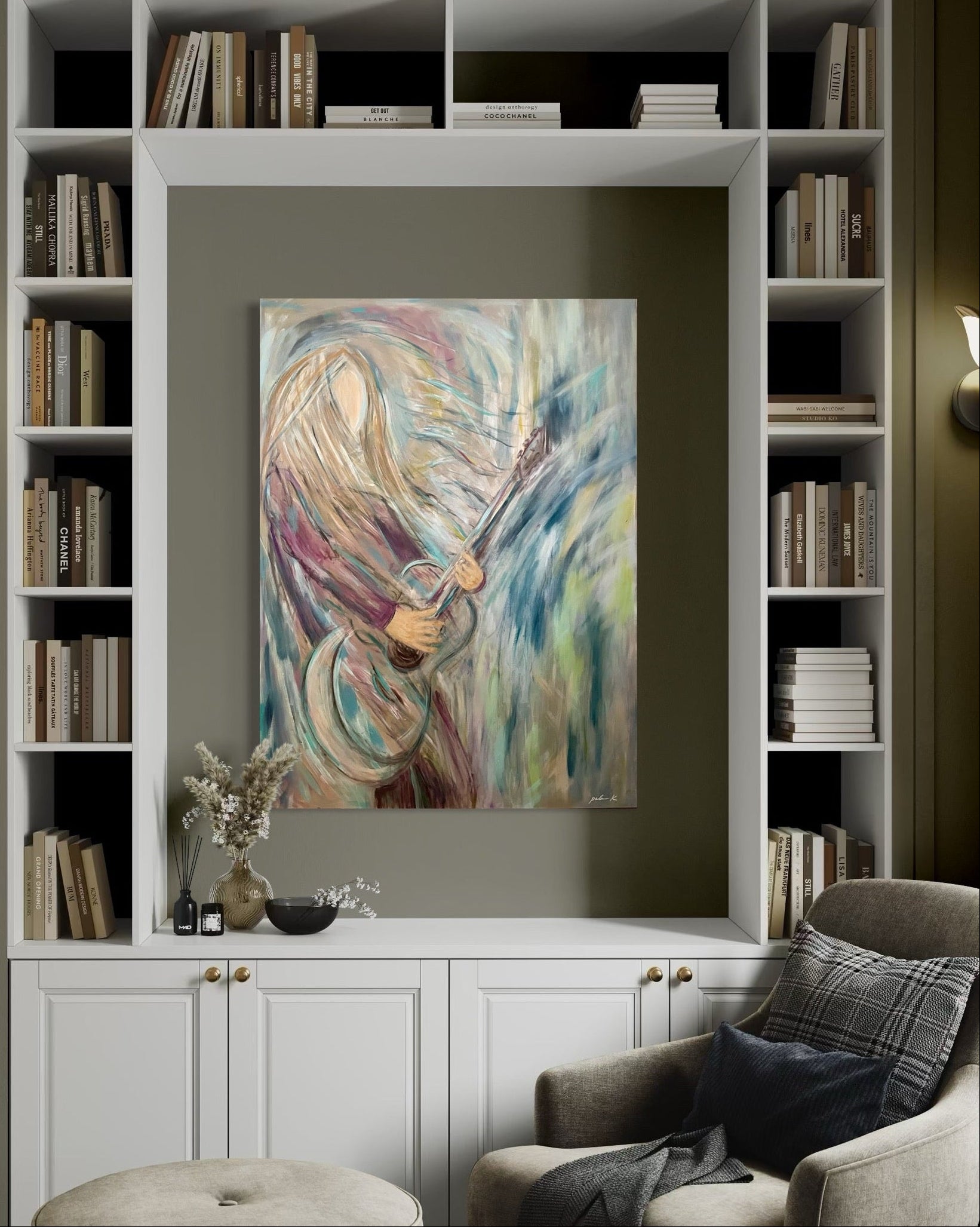Immerse yourself in the soul of “Melting In”, an emotional original painting that captures the transcendental moment when a musician becomes one with their sound. &nbsp;This powerful expressionistic artwork celebrates the raw emotional connection between artist and instrument - that intoxicating, blissful space where the outside world fades and every breath becomes rhythm, every heartbeat a beat, every movement pure music.

Rendered in bold acrylic on gallery wrapped canvas, “Melting In” draws you deep into