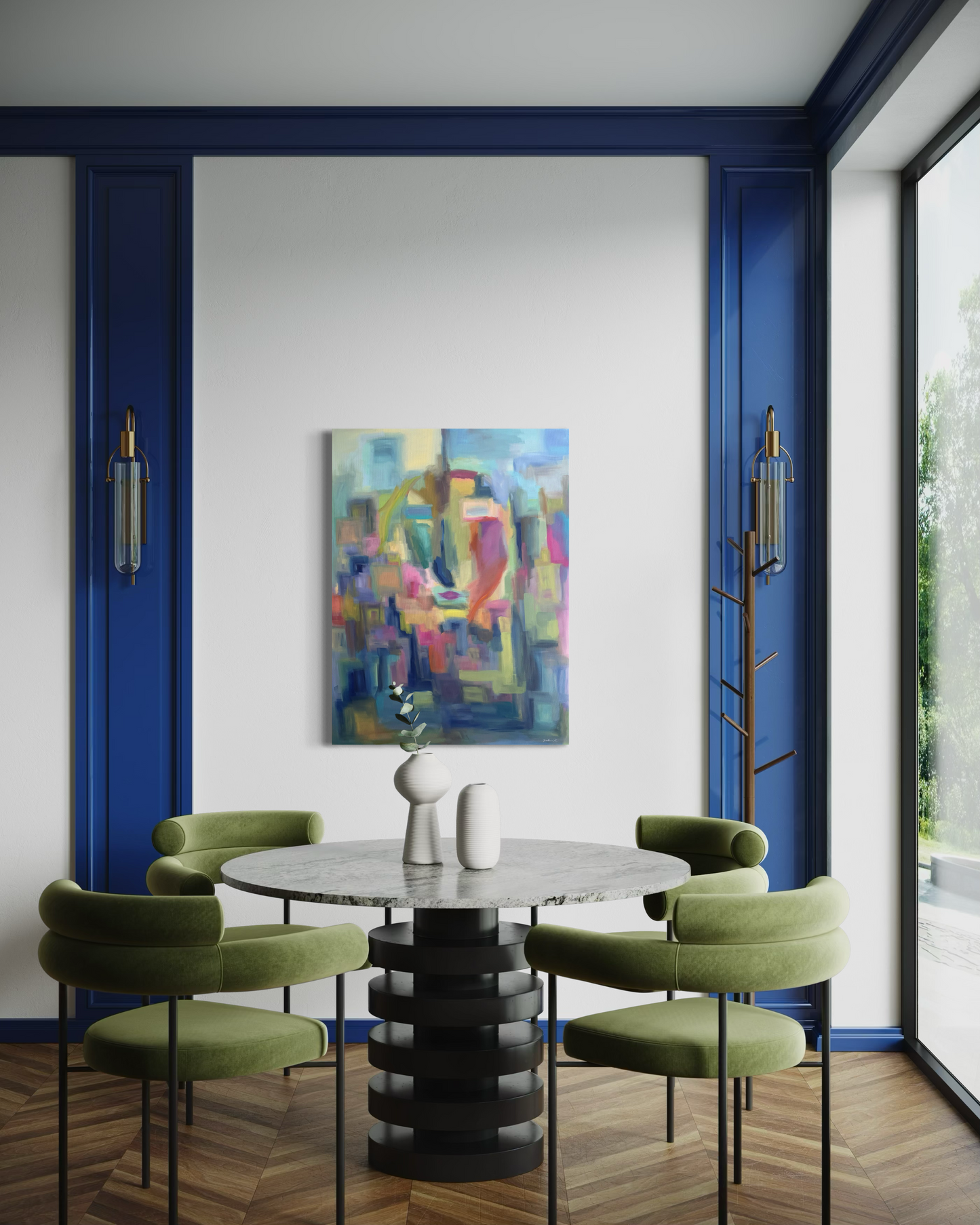 Summer’s Kiss is an original 40 x 40 contemporary landscape painting that brings warmth, color, and atmosphere to sophisticated interiors.  Shown here in a thoughtfully designed living space, this original fine art painting creates a striking foal point while complementing modern, transitional, and luxury home decor.  Inspired by the sensory richness of summer and viewed through a reflective pane of glass, Summer’s Kiss invites moments of nostalgia, connection, and a quiet reflection. 