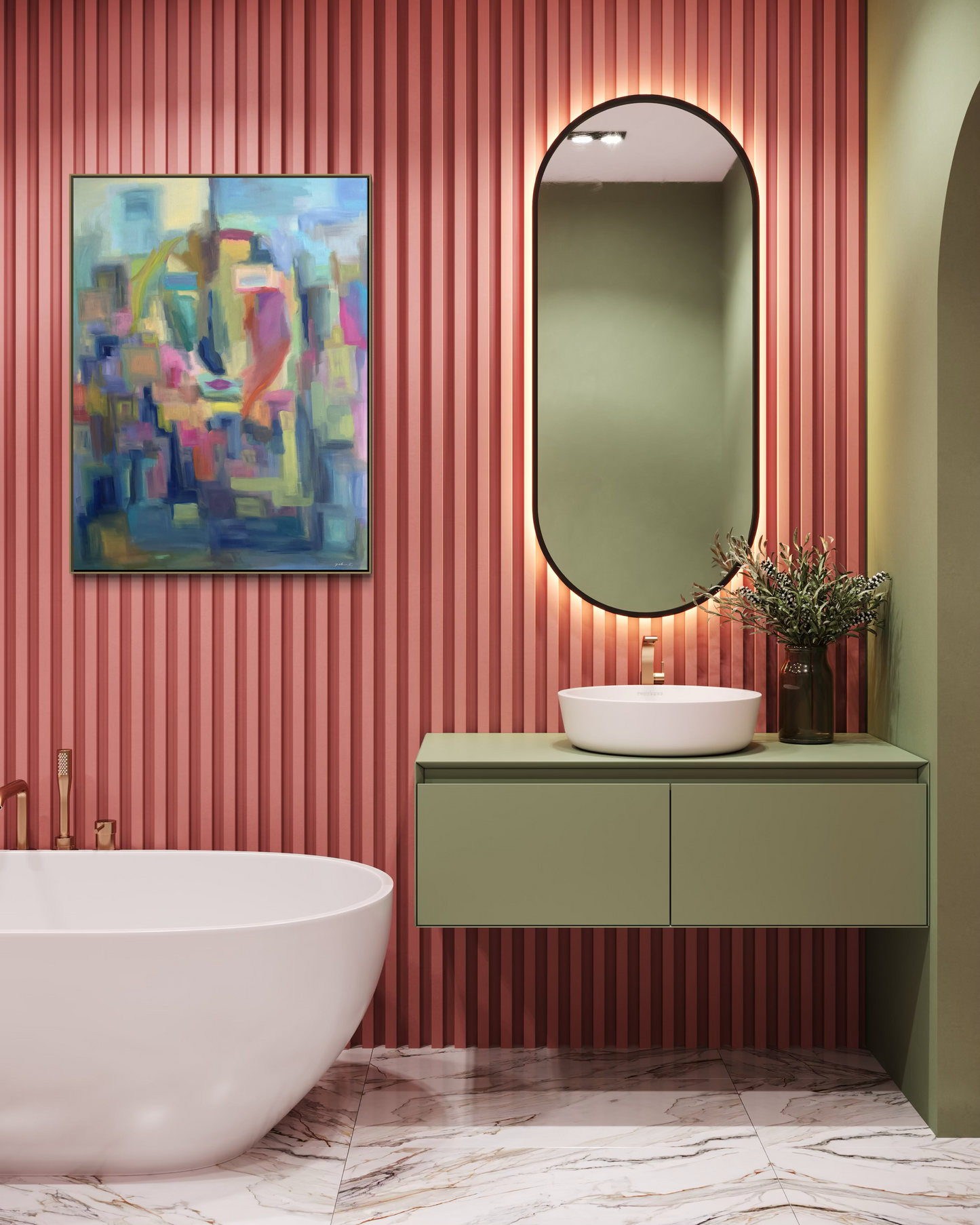 Summer’s Kiss is an original 40 x 40 contemporary landscape painting that brings warmth, color, and atmosphere to sophisticated interiors.  Shown here in a thoughtfully designed living space, this original fine art painting creates a striking foal point while complementing modern, transitional, and luxury home decor.  Inspired by the sensory richness of summer and viewed through a reflective pane of glass, Summer’s Kiss invites moments of nostalgia, connection, and a quiet reflection. 