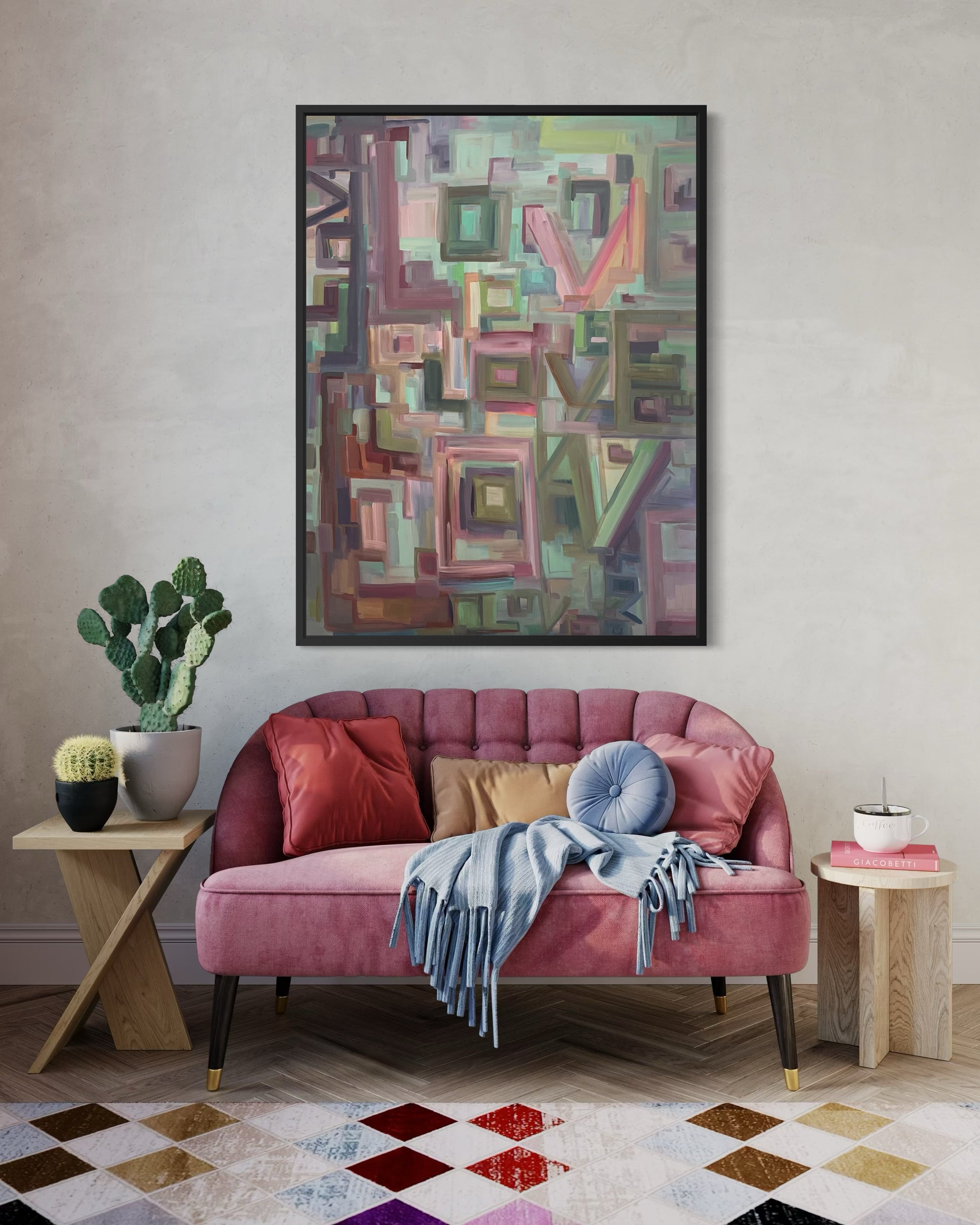 Inspired by Taylor Swift's song "Opalite", this original 48x36 acrylic painting captures the rhythm and radiance of love through layered color, texture, and lyrical repetition. The word LOVE dances across the canvas like a visual melody - a timeless reminder that harmony lives in the spaces between.

Painted on gallery-wrapped canvas, this statement piece brings modern warmth and emotional depth to any curated interior. Perfect for collectors and design-forward spaces seeking art with meaning an