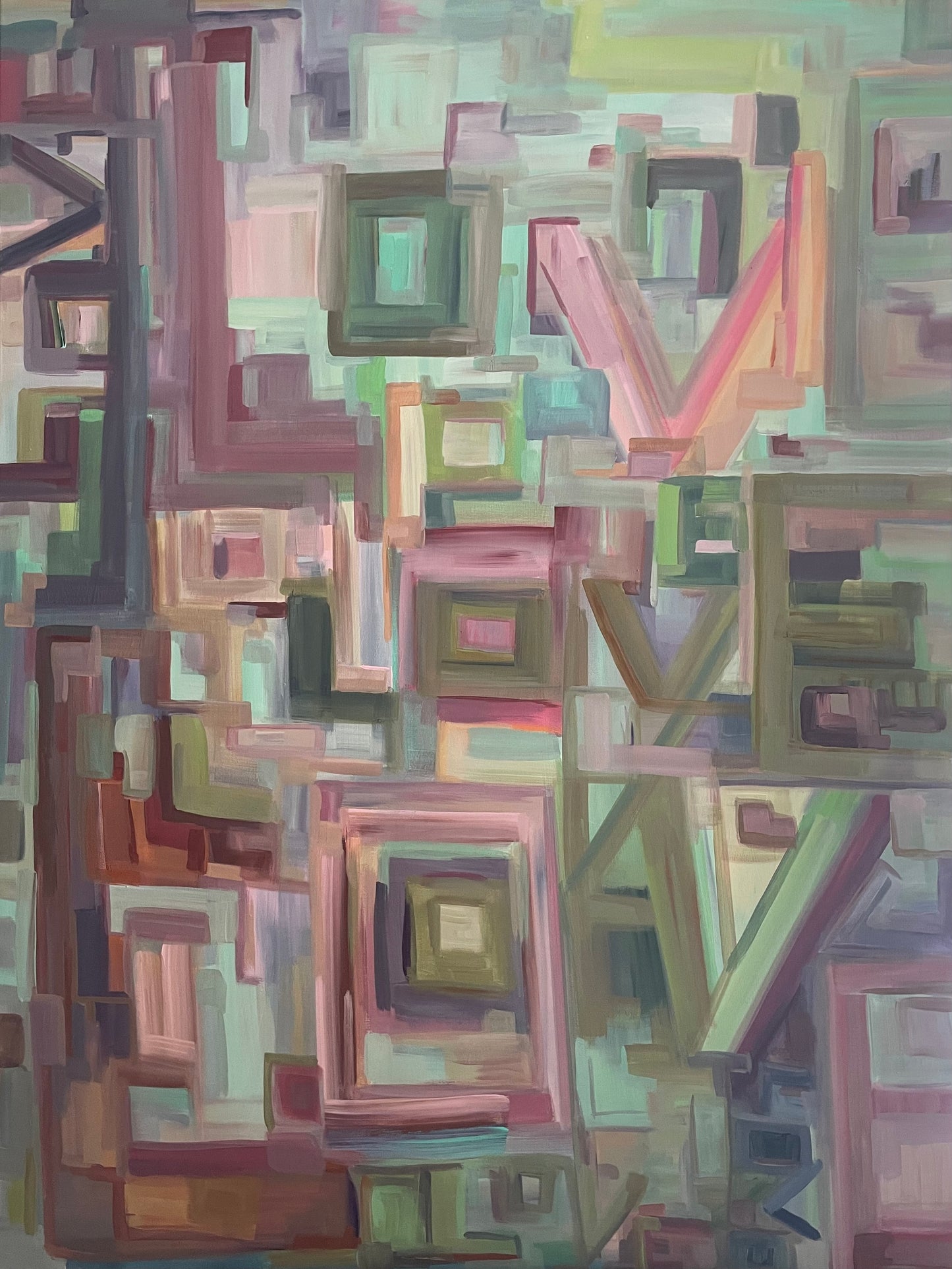 Inspired by Taylor Swift's song "Opalite", this original 48x36 acrylic painting captures the rhythm and radiance of love through layered color, texture, and lyrical repetition. The word LOVE dances across the canvas like a visual melody - a timeless reminder that harmony lives in the spaces between.

Painted on gallery-wrapped canvas, this statement piece brings modern warmth and emotional depth to any curated interior. Perfect for collectors and design-forward spaces seeking art with meaning an