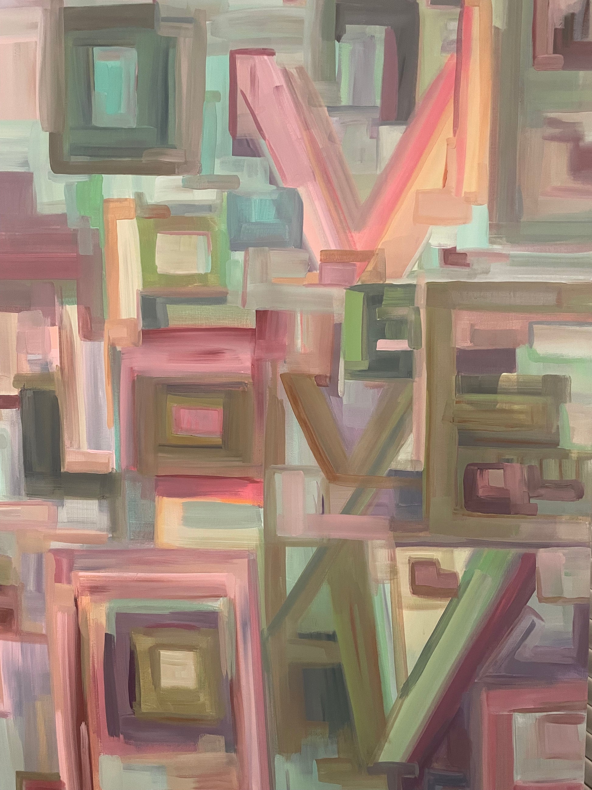 Inspired by Taylor Swift's song "Opalite", this original 48x36 acrylic painting captures the rhythm and radiance of love through layered color, texture, and lyrical repetition. The word LOVE dances across the canvas like a visual melody - a timeless reminder that harmony lives in the spaces between.

Painted on gallery-wrapped canvas, this statement piece brings modern warmth and emotional depth to any curated interior. Perfect for collectors and design-forward spaces seeking art with meaning an