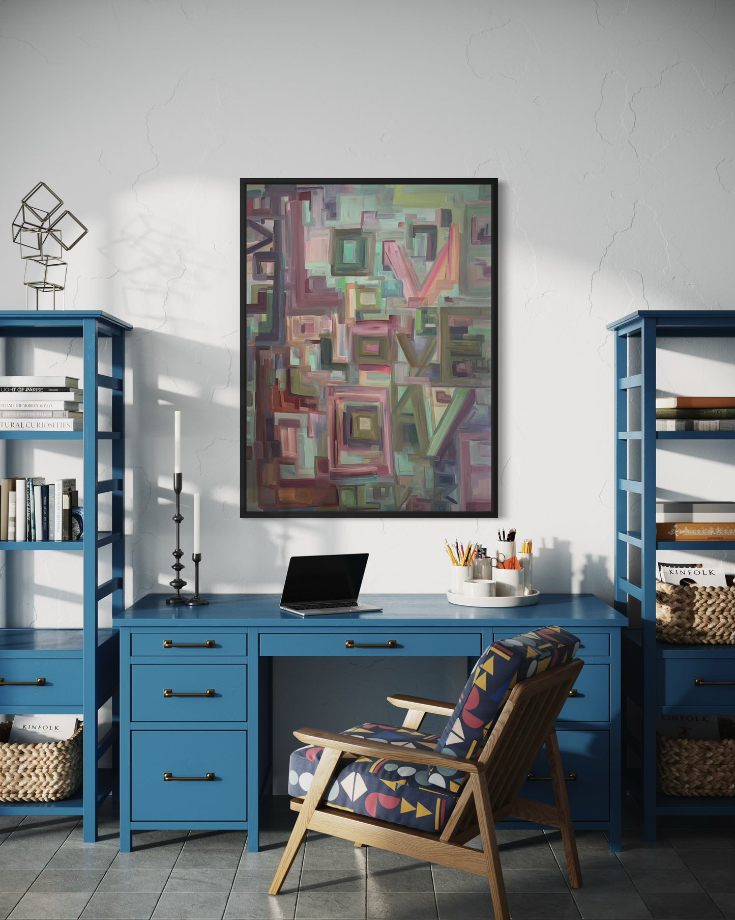 Inspired by Taylor Swift's song "Opalite", this original 48x36 acrylic painting captures the rhythm and radiance of love through layered color, texture, and lyrical repetition. The word LOVE dances across the canvas like a visual melody - a timeless reminder that harmony lives in the spaces between.

Painted on gallery-wrapped canvas, this statement piece brings modern warmth and emotional depth to any curated interior. Perfect for collectors and design-forward spaces seeking art with meaning an