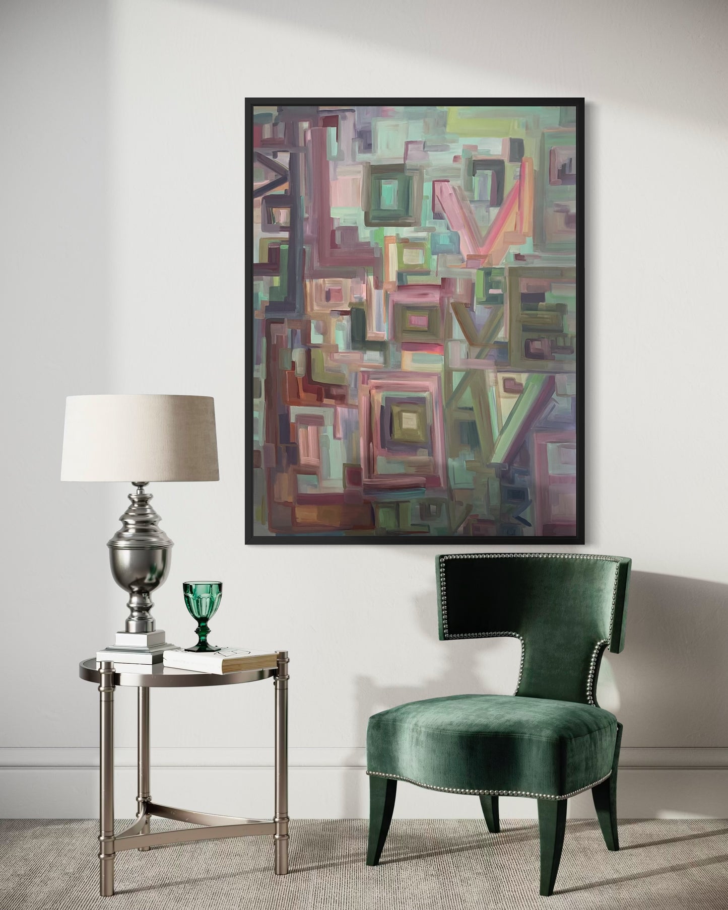 Inspired by Taylor Swift's song "Opalite", this original 48x36 acrylic painting captures the rhythm and radiance of love through layered color, texture, and lyrical repetition. The word LOVE dances across the canvas like a visual melody - a timeless reminder that harmony lives in the spaces between.

Painted on gallery-wrapped canvas, this statement piece brings modern warmth and emotional depth to any curated interior. Perfect for collectors and design-forward spaces seeking art with meaning an