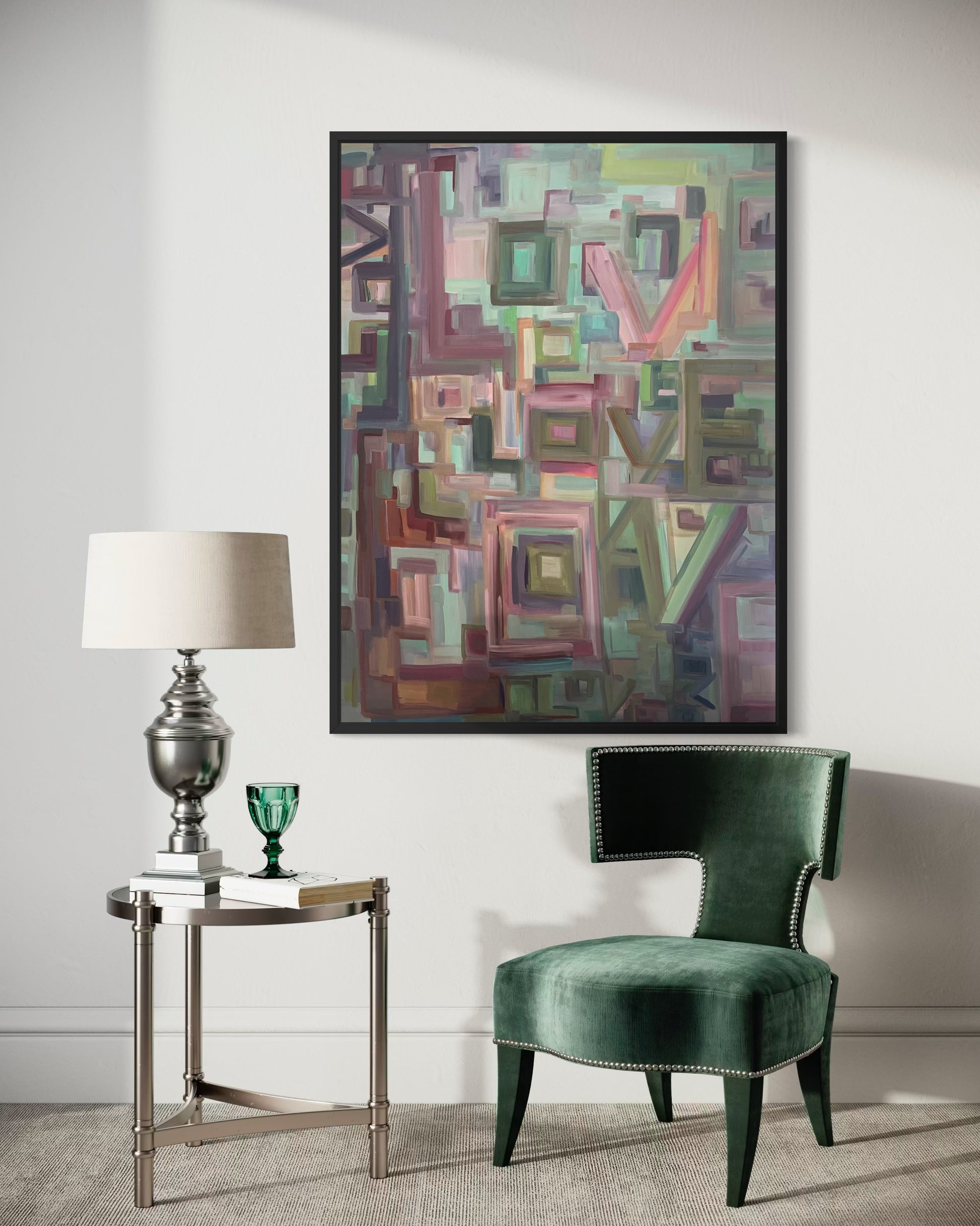 Inspired by Taylor Swift's song "Opalite", this original 48x36 acrylic painting captures the rhythm and radiance of love through layered color, texture, and lyrical repetition. The word LOVE dances across the canvas like a visual melody - a timeless reminder that harmony lives in the spaces between.

Painted on gallery-wrapped canvas, this statement piece brings modern warmth and emotional depth to any curated interior. Perfect for collectors and design-forward spaces seeking art with meaning an