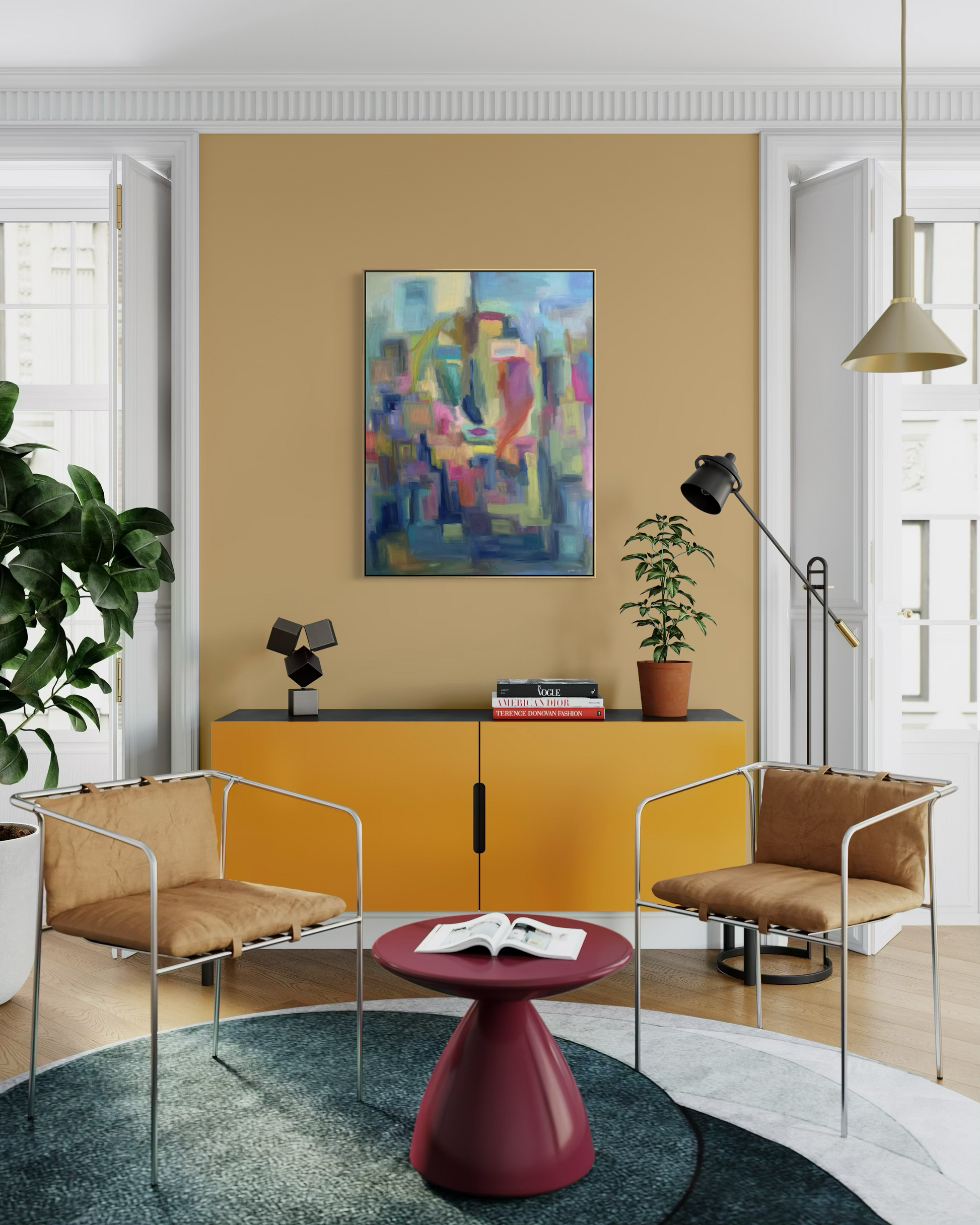 Summer’s Kiss is an original 40 x 40 contemporary landscape painting that brings warmth, color, and atmosphere to sophisticated interiors.  Shown here in a thoughtfully designed living space, this original fine art painting creates a striking foal point while complementing modern, transitional, and luxury home decor.  Inspired by the sensory richness of summer and viewed through a reflective pane of glass, Summer’s Kiss invites moments of nostalgia, connection, and a quiet reflection. 