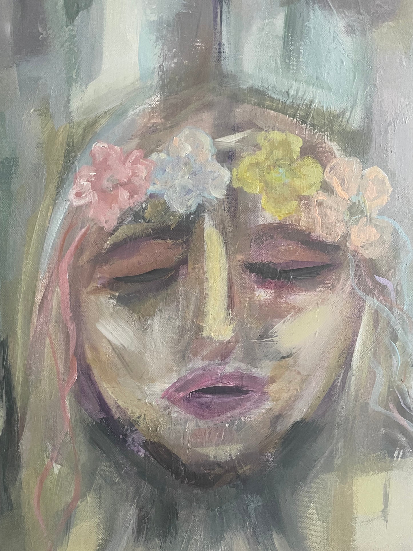 “She’s Namaste” is a serene yet quietly powerful fine art painting that captures the spirit of inner peace, gentle rebellion, and soulful presence. &nbsp;Featuring a young girl crowned with flowers and holding her hands in a peaceful gesture, this artwork blends softness with strength - an invitiation to slow down, breathe deeply, and reconnect with what truly matters.

The floral crown symbolizes growth, feminity, and the natural cycles of life, while the calm expression and symbolic hand gesture evoke min
