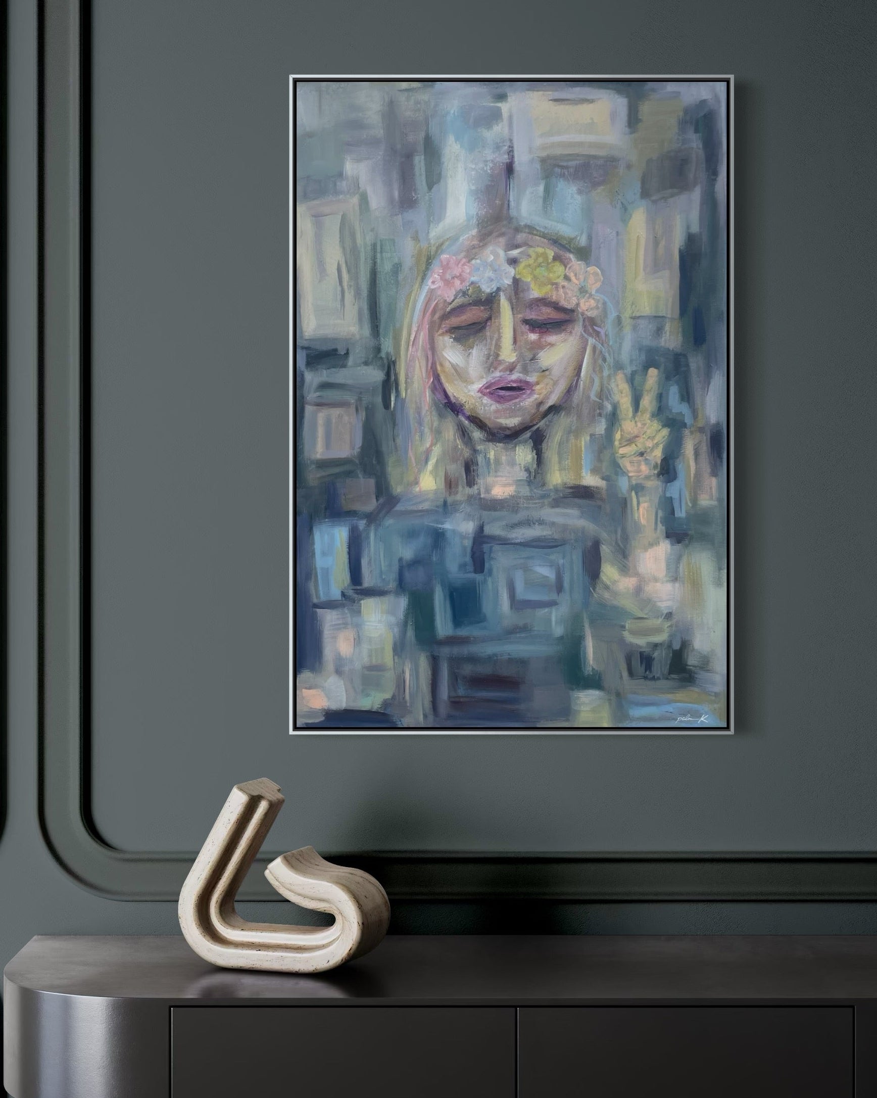 “She’s Namaste” is a serene yet quietly powerful fine art painting that captures the spirit of inner peace, gentle rebellion, and soulful presence. &nbsp;Featuring a young girl crowned with flowers and holding her hands in a peaceful gesture, this artwork blends softness with strength - an invitiation to slow down, breathe deeply, and reconnect with what truly matters.

The floral crown symbolizes growth, feminity, and the natural cycles of life, while the calm expression and symbolic hand gesture evoke min