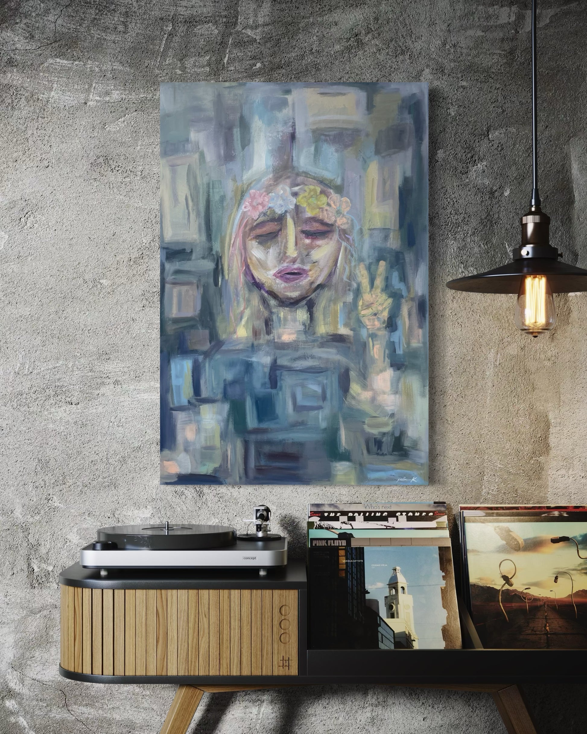 “She’s Namaste” is a serene yet quietly powerful fine art painting that captures the spirit of inner peace, gentle rebellion, and soulful presence. &nbsp;Featuring a young girl crowned with flowers and holding her hands in a peaceful gesture, this artwork blends softness with strength - an invitiation to slow down, breathe deeply, and reconnect with what truly matters.

The floral crown symbolizes growth, feminity, and the natural cycles of life, while the calm expression and symbolic hand gesture evoke min