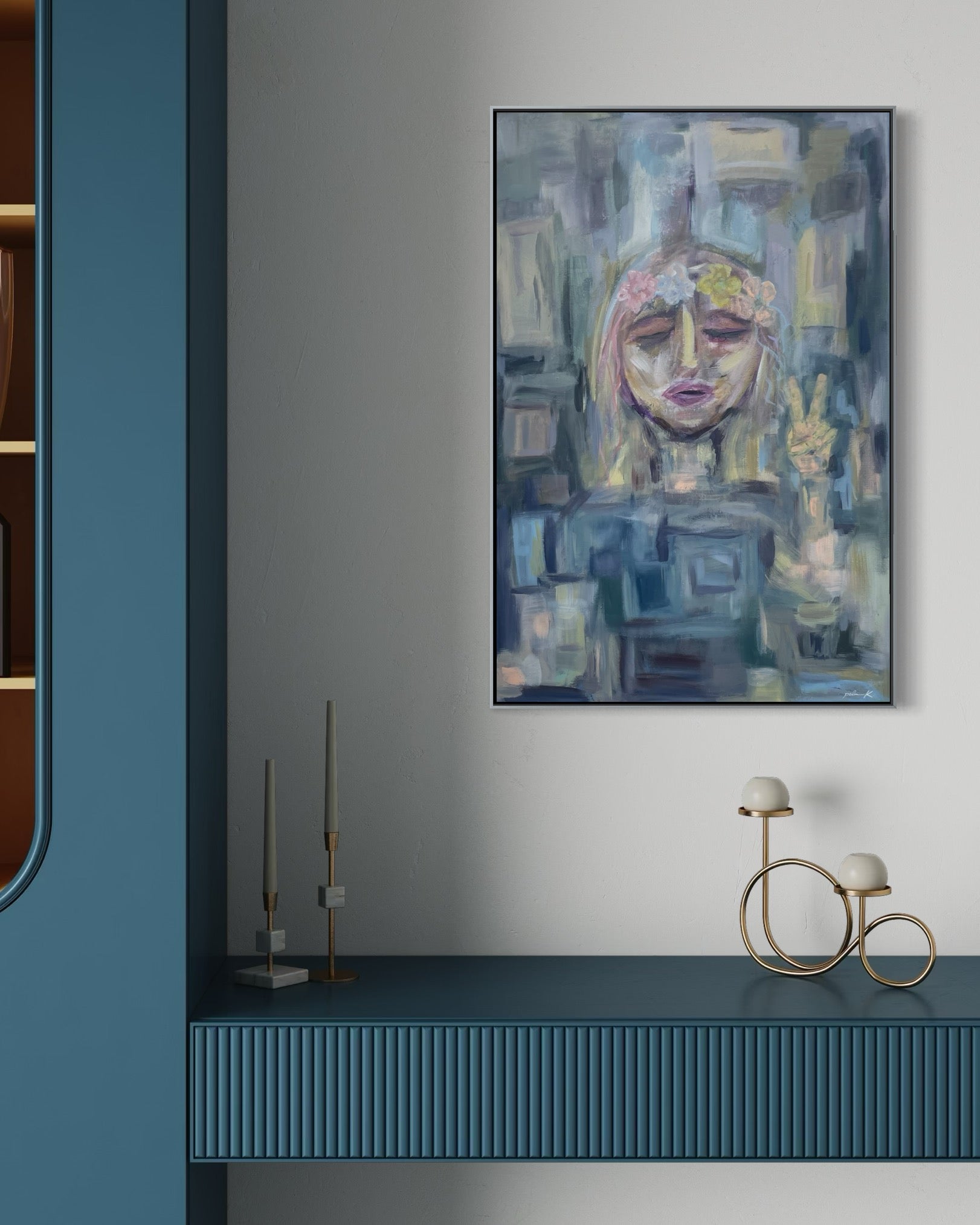 “She’s Namaste” is a serene yet quietly powerful fine art painting that captures the spirit of inner peace, gentle rebellion, and soulful presence. &nbsp;Featuring a young girl crowned with flowers and holding her hands in a peaceful gesture, this artwork blends softness with strength - an invitiation to slow down, breathe deeply, and reconnect with what truly matters.

The floral crown symbolizes growth, feminity, and the natural cycles of life, while the calm expression and symbolic hand gesture evoke min