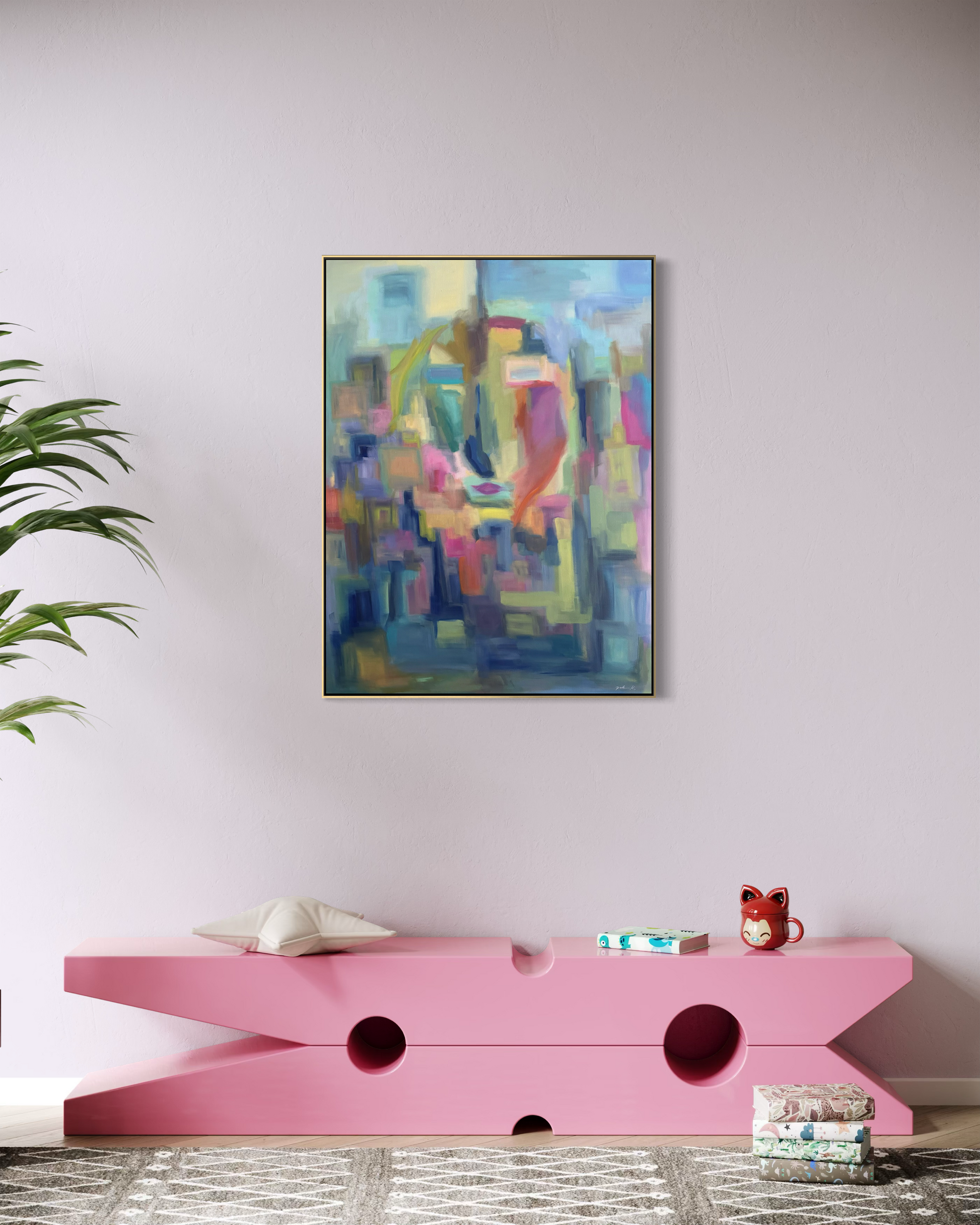 Summer’s Kiss is an original 40 x 40 contemporary landscape painting that brings warmth, color, and atmosphere to sophisticated interiors.  Shown here in a thoughtfully designed living space, this original fine art painting creates a striking foal point while complementing modern, transitional, and luxury home decor.  Inspired by the sensory richness of summer and viewed through a reflective pane of glass, Summer’s Kiss invites moments of nostalgia, connection, and a quiet reflection. 